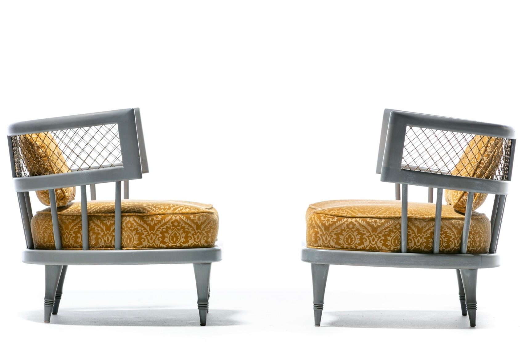 Hollywood Regency Slipper Chairs of Walnut and Brass in Italian Cut Velvet For Sale 2