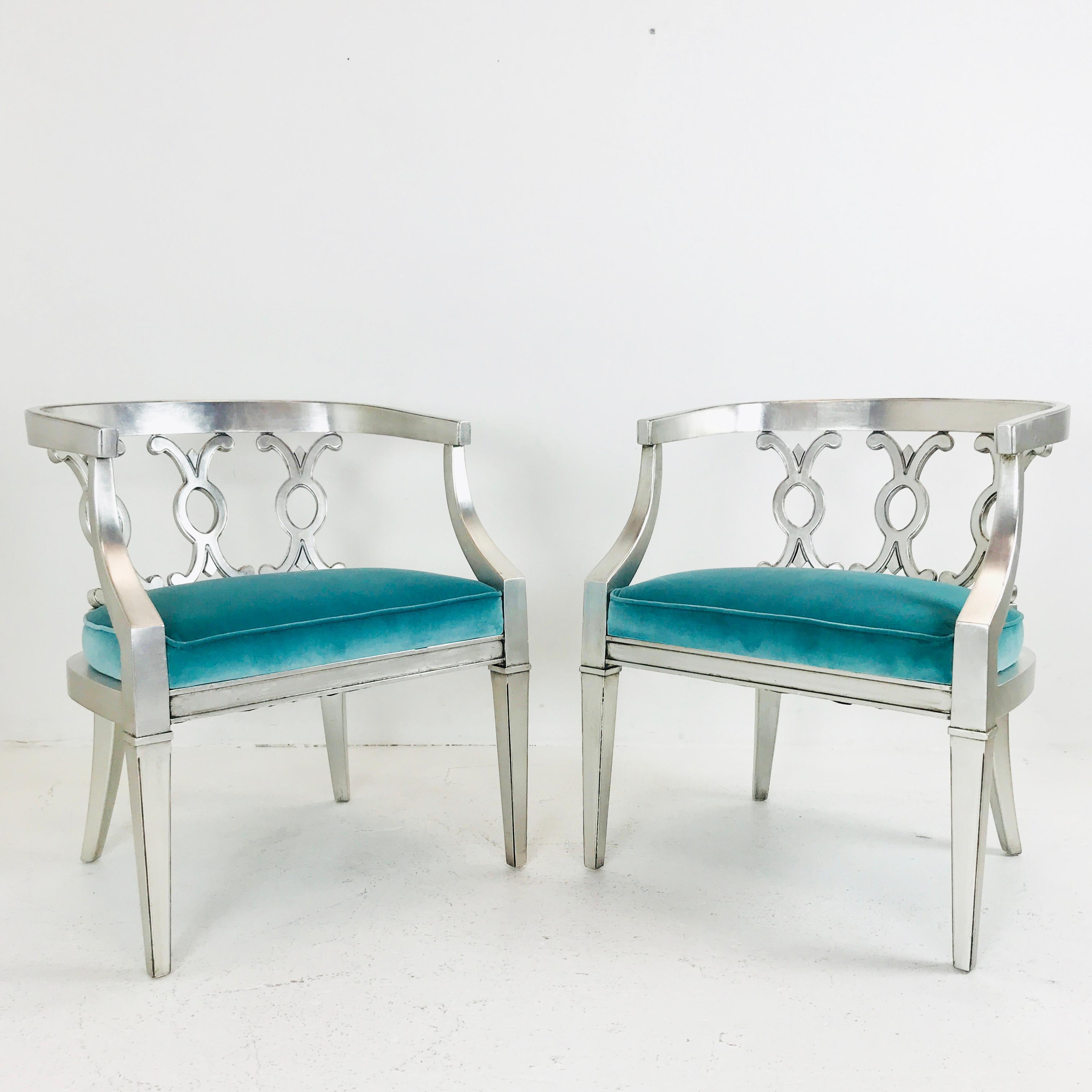 Hollywood Regency Sliver Leaf Barrel Back Armchairs with Turquoise Velvet, Pair In Excellent Condition In Dallas, TX