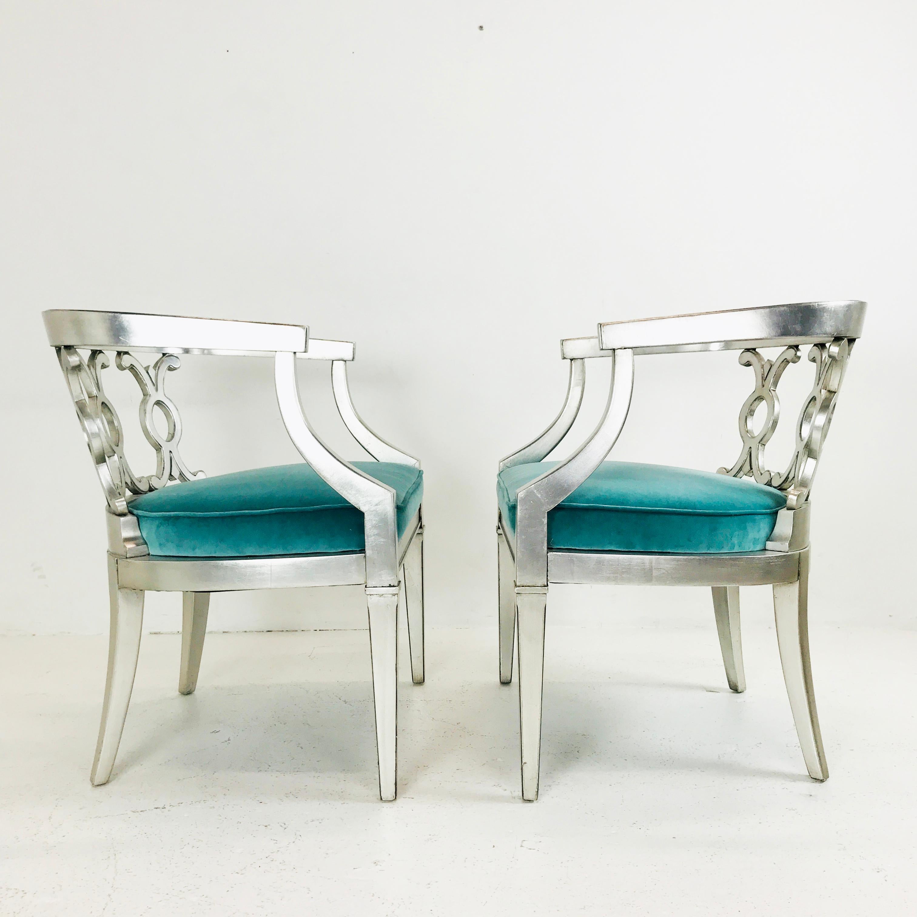 20th Century Hollywood Regency Sliver Leaf Barrel Back Armchairs with Turquoise Velvet, Pair