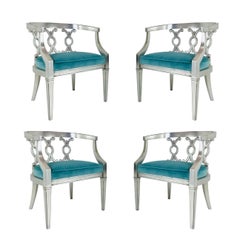 Hollywood Regency Sliver Leaf Barrel Back Armchairs with Turquoise Velvet, Pair