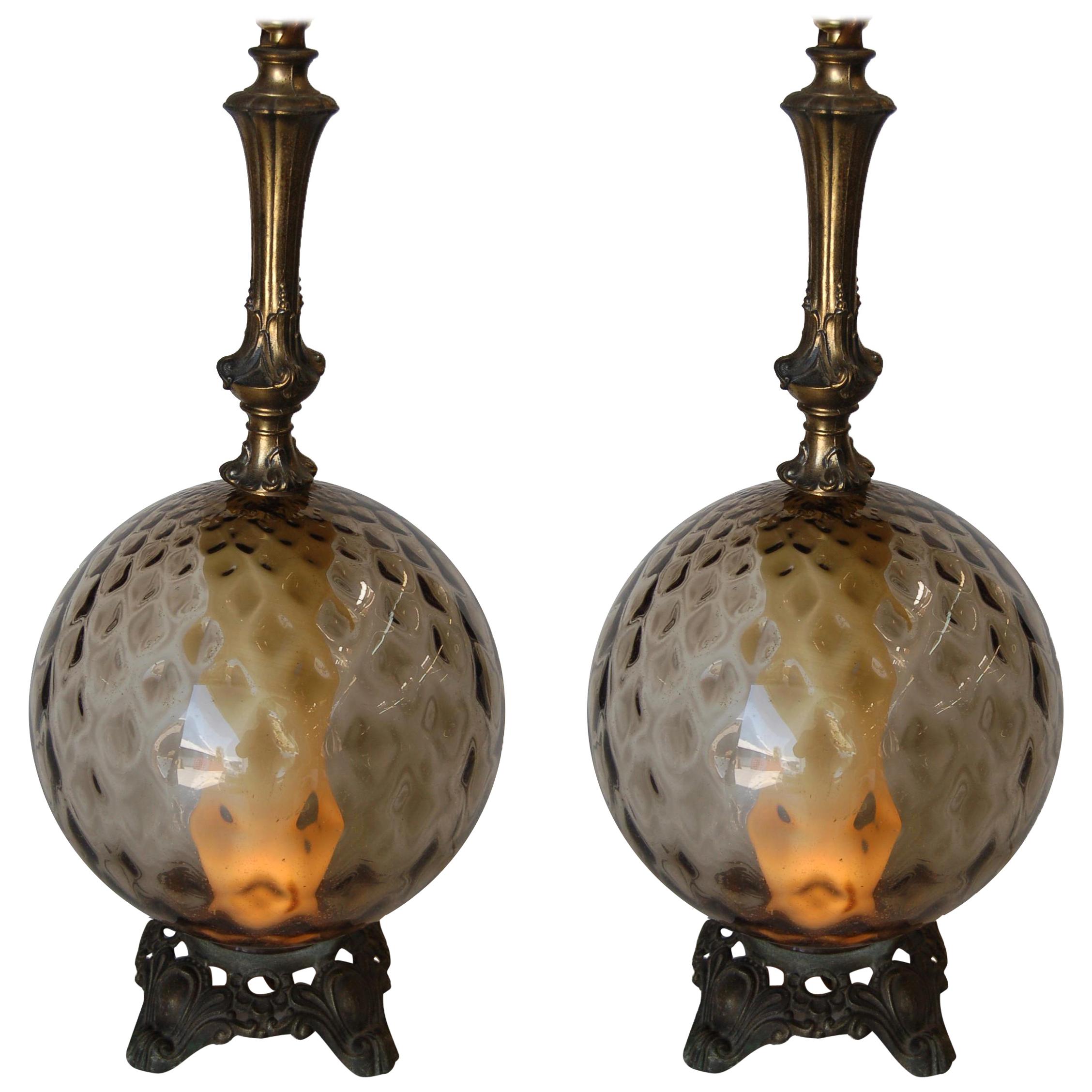 Hollywood Regency Smoked Bubble Glass Table Lamps Inner Glowing Accent Light