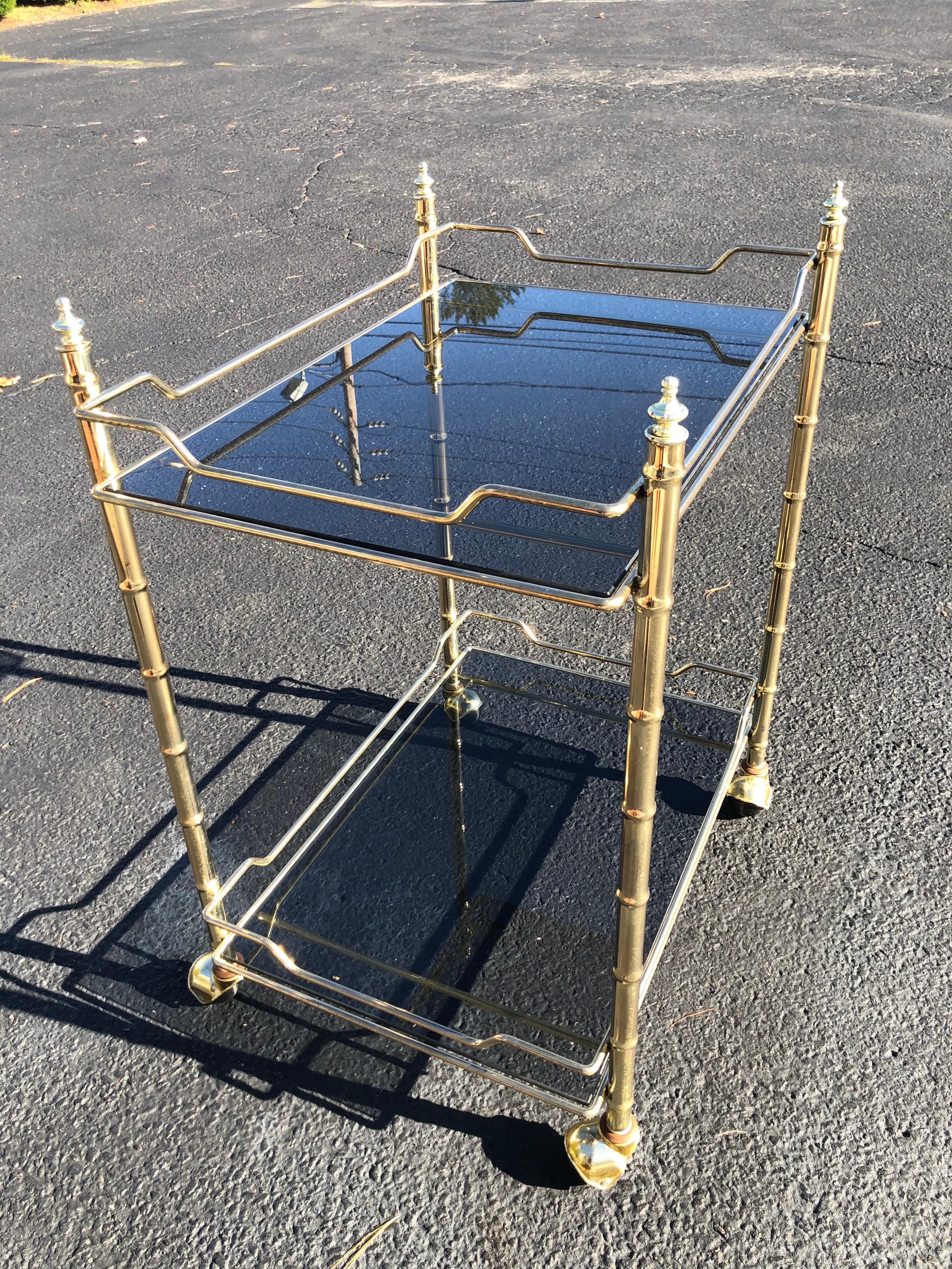 Hollywood Regency Smoked Glass and Brass Bar Cart 8