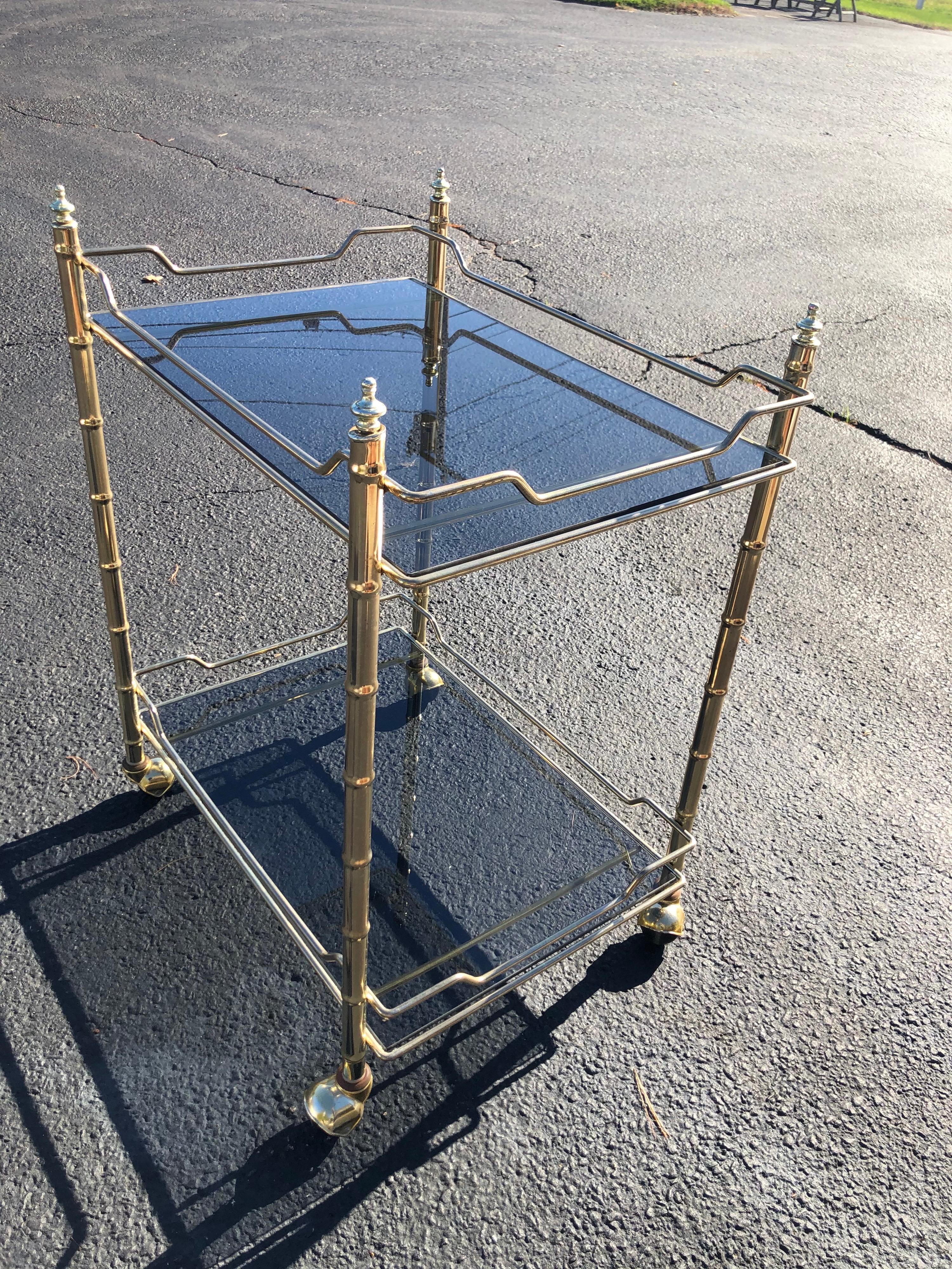 Hollywood Regency Smoked Glass and Brass Bar Cart 12