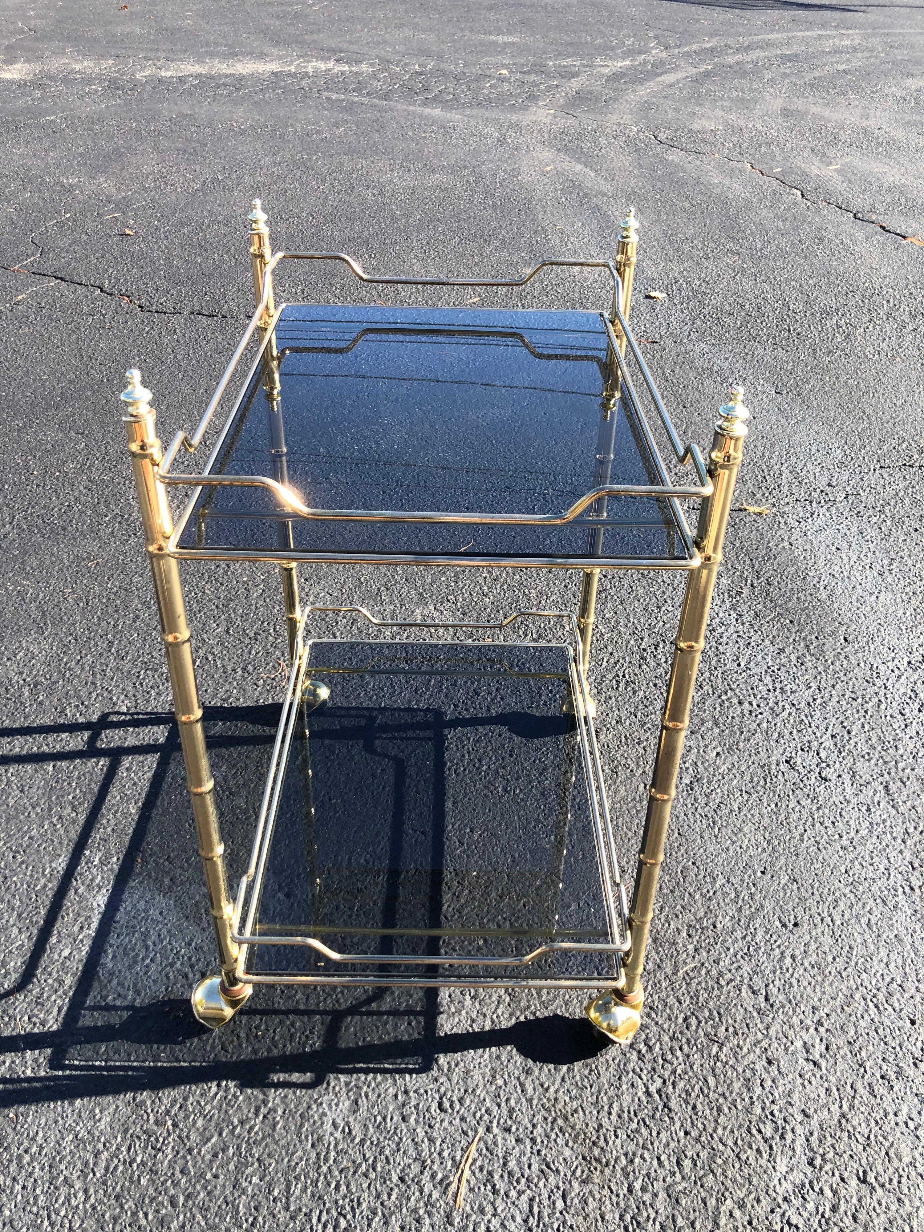 Hollywood Regency Smoked Glass and Brass Bar Cart 14