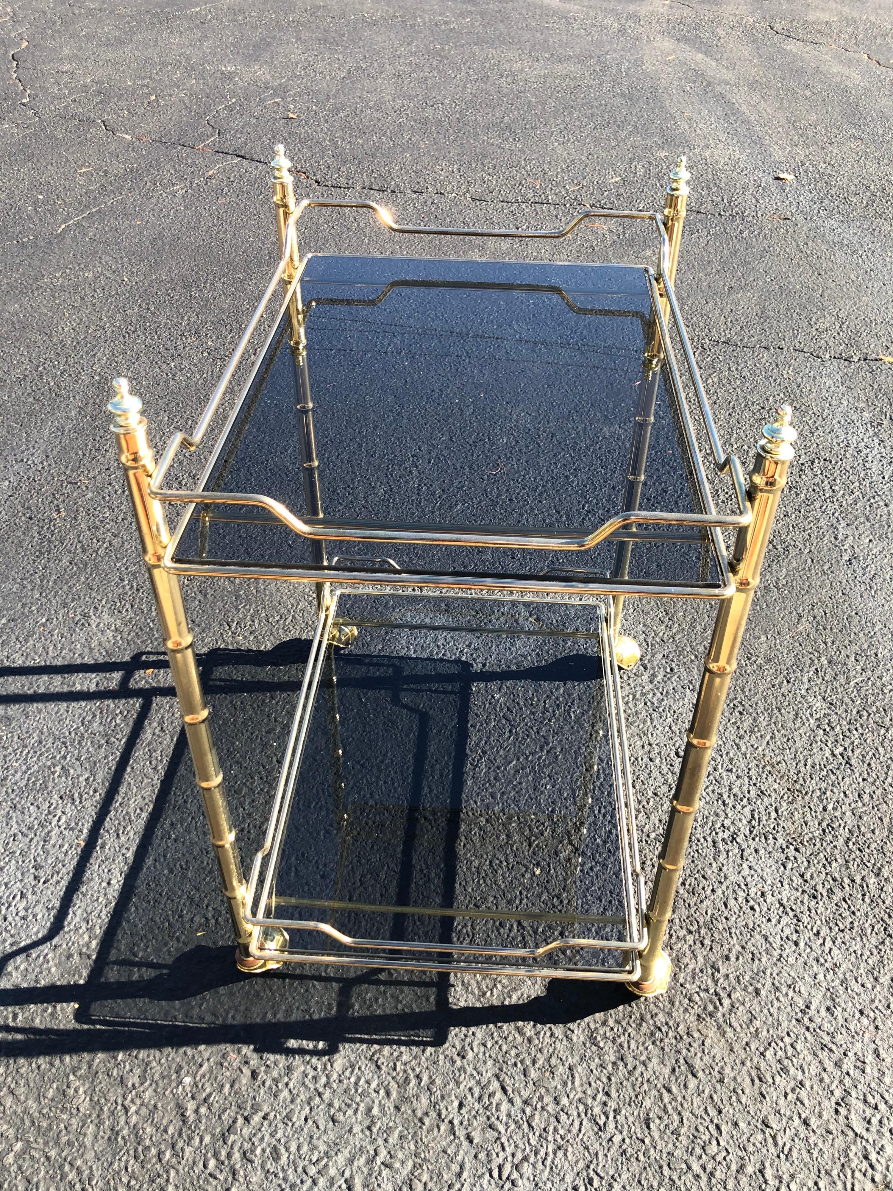 Hollywood Regency Smoked Glass and Brass Bar Cart 15