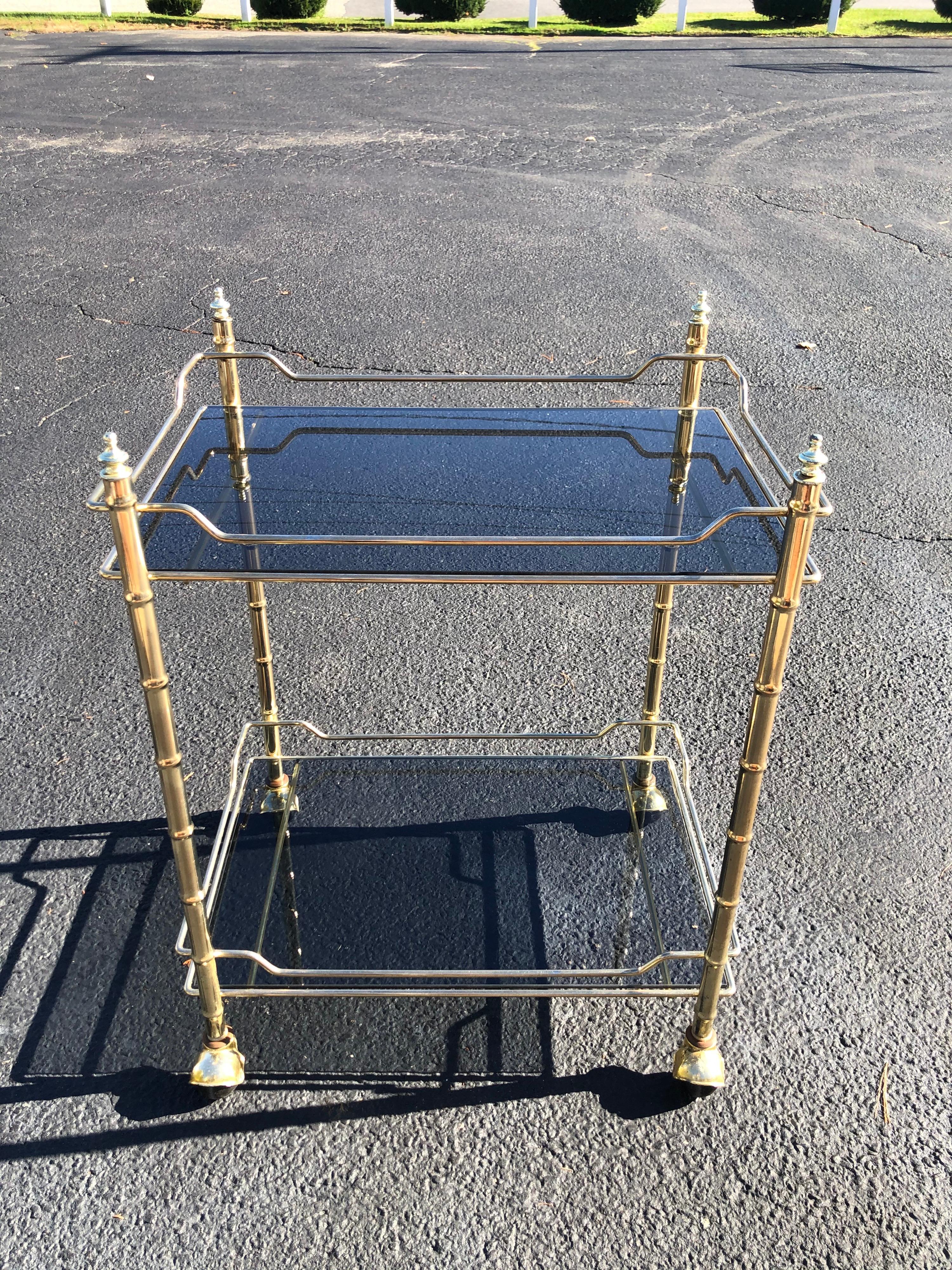 Hollywood Regency Smoked Glass and Brass Bar Cart In Good Condition In Redding, CT
