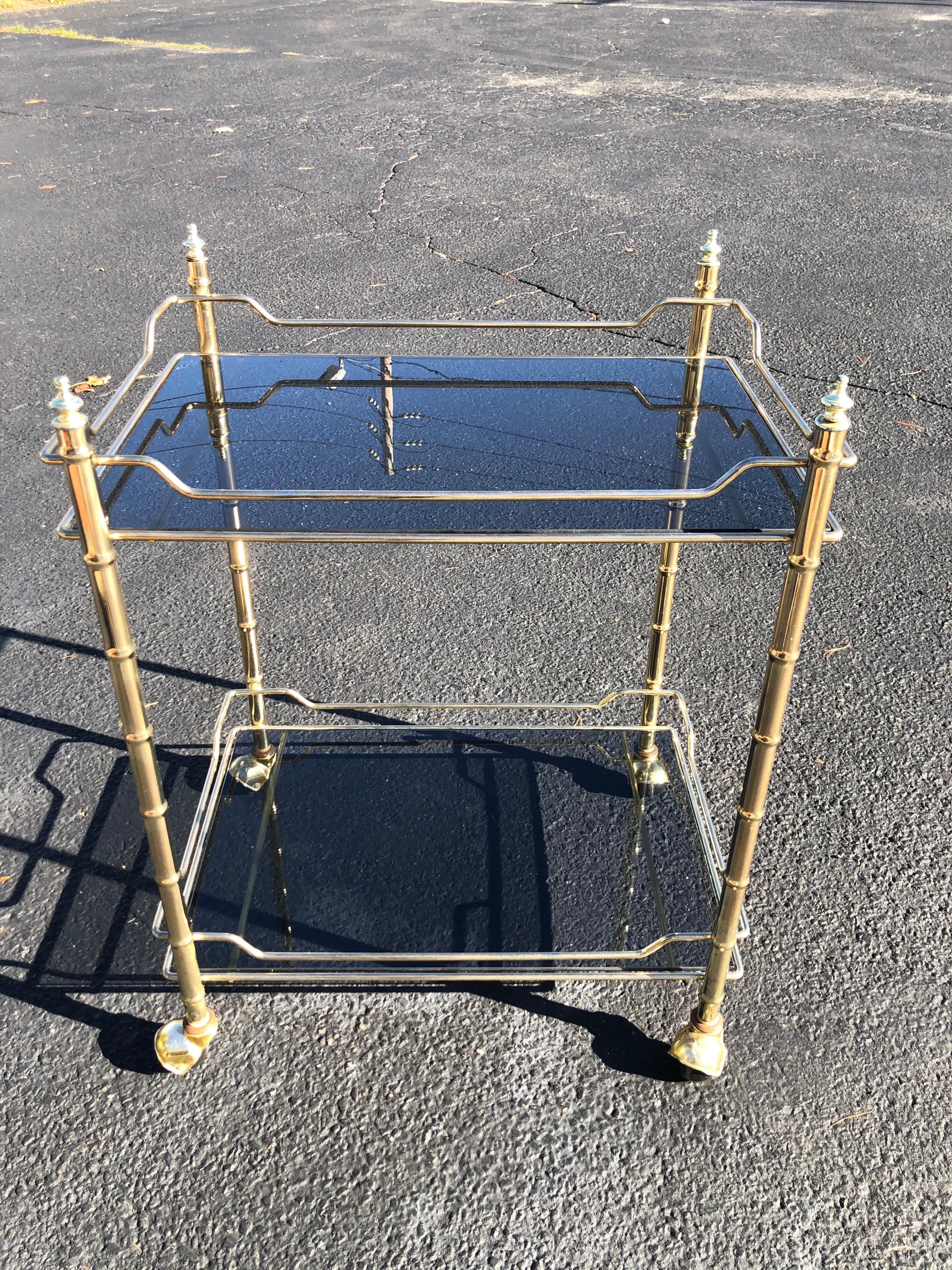Late 20th Century Hollywood Regency Smoked Glass and Brass Bar Cart