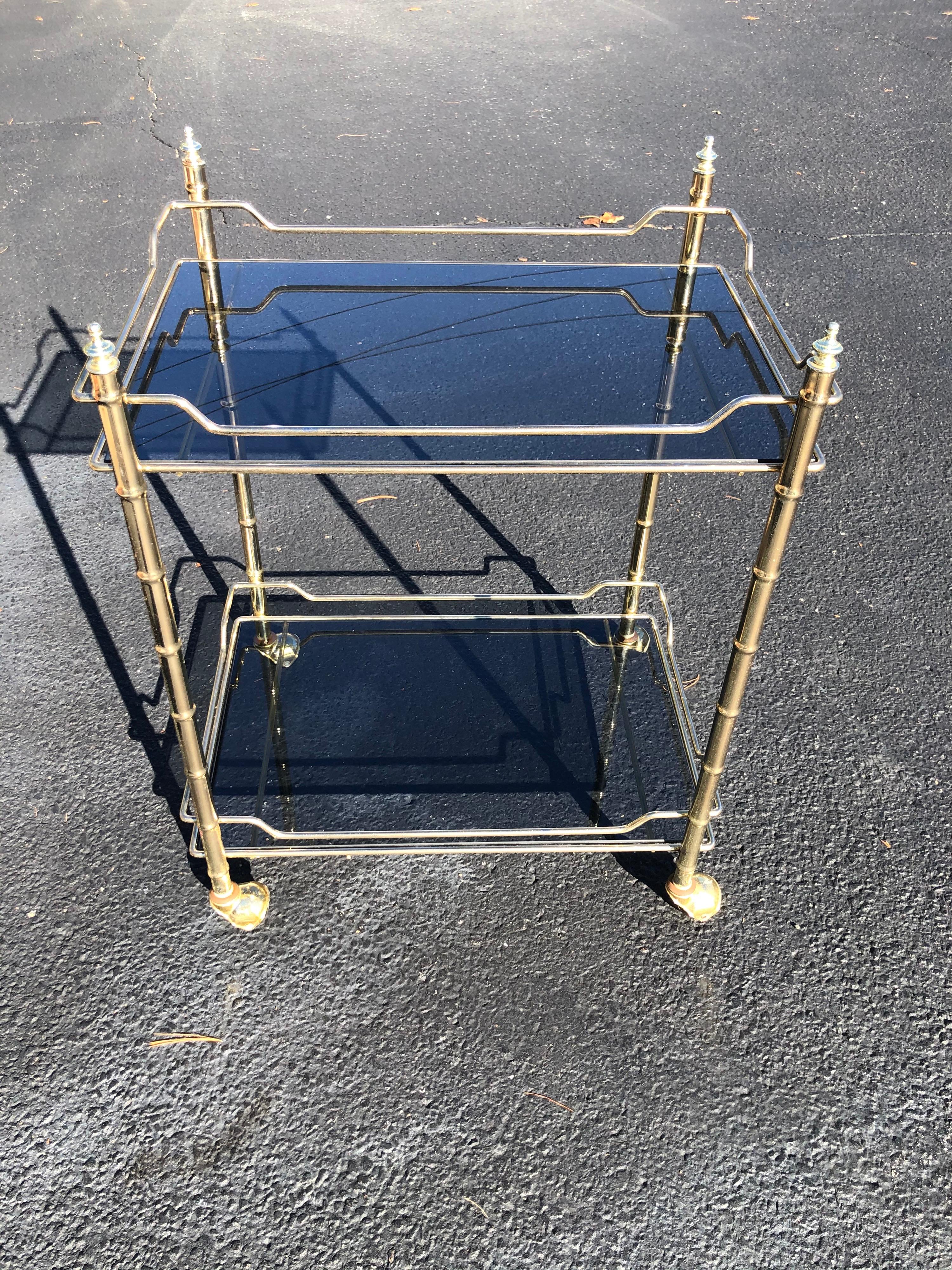 Hollywood Regency Smoked Glass and Brass Bar Cart 1