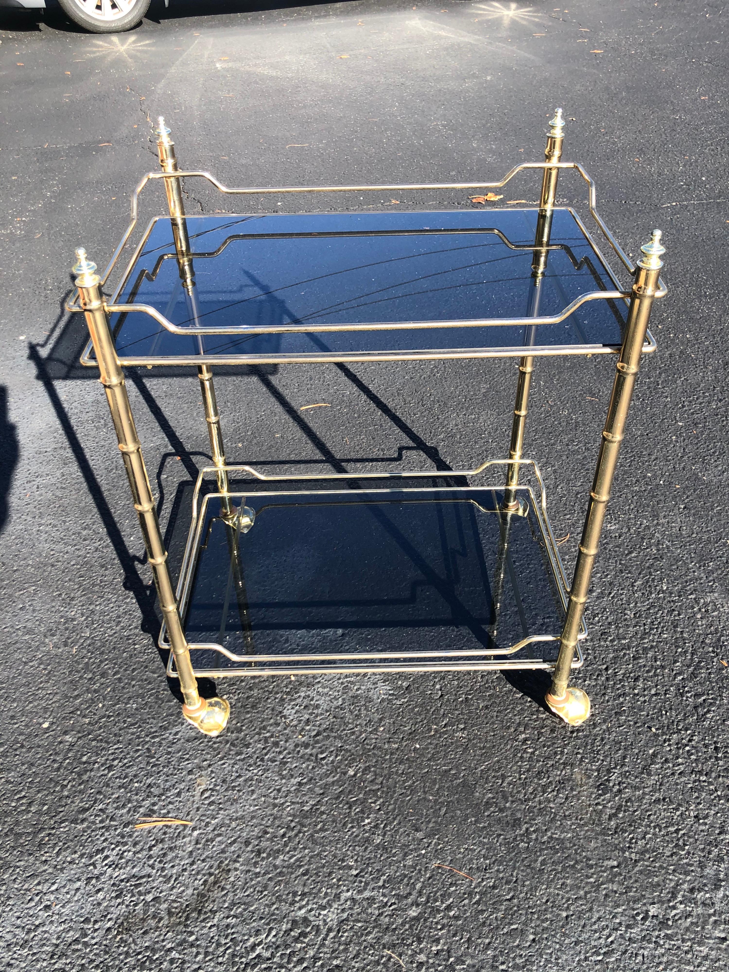 Hollywood Regency Smoked Glass and Brass Bar Cart 2