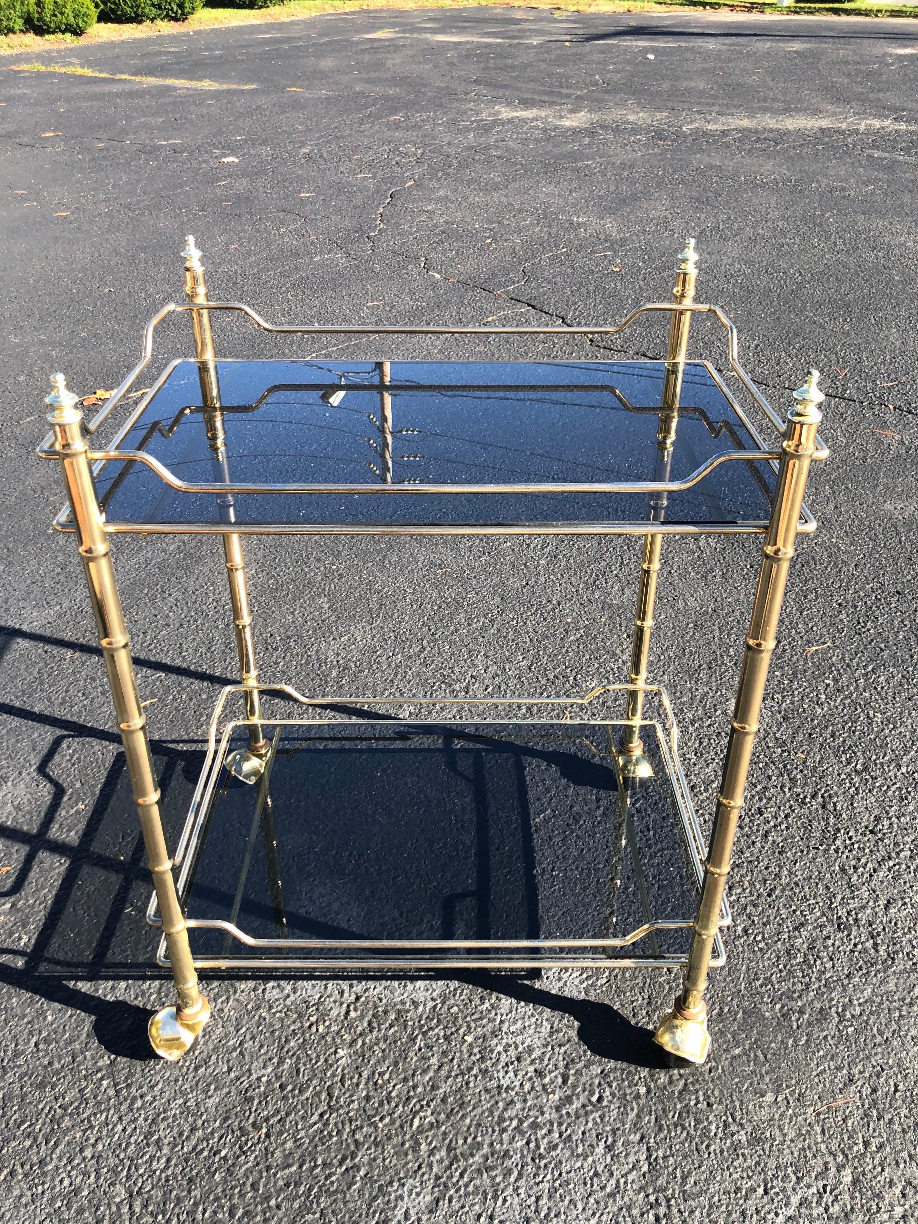 Hollywood Regency Smoked Glass and Brass Bar Cart 3