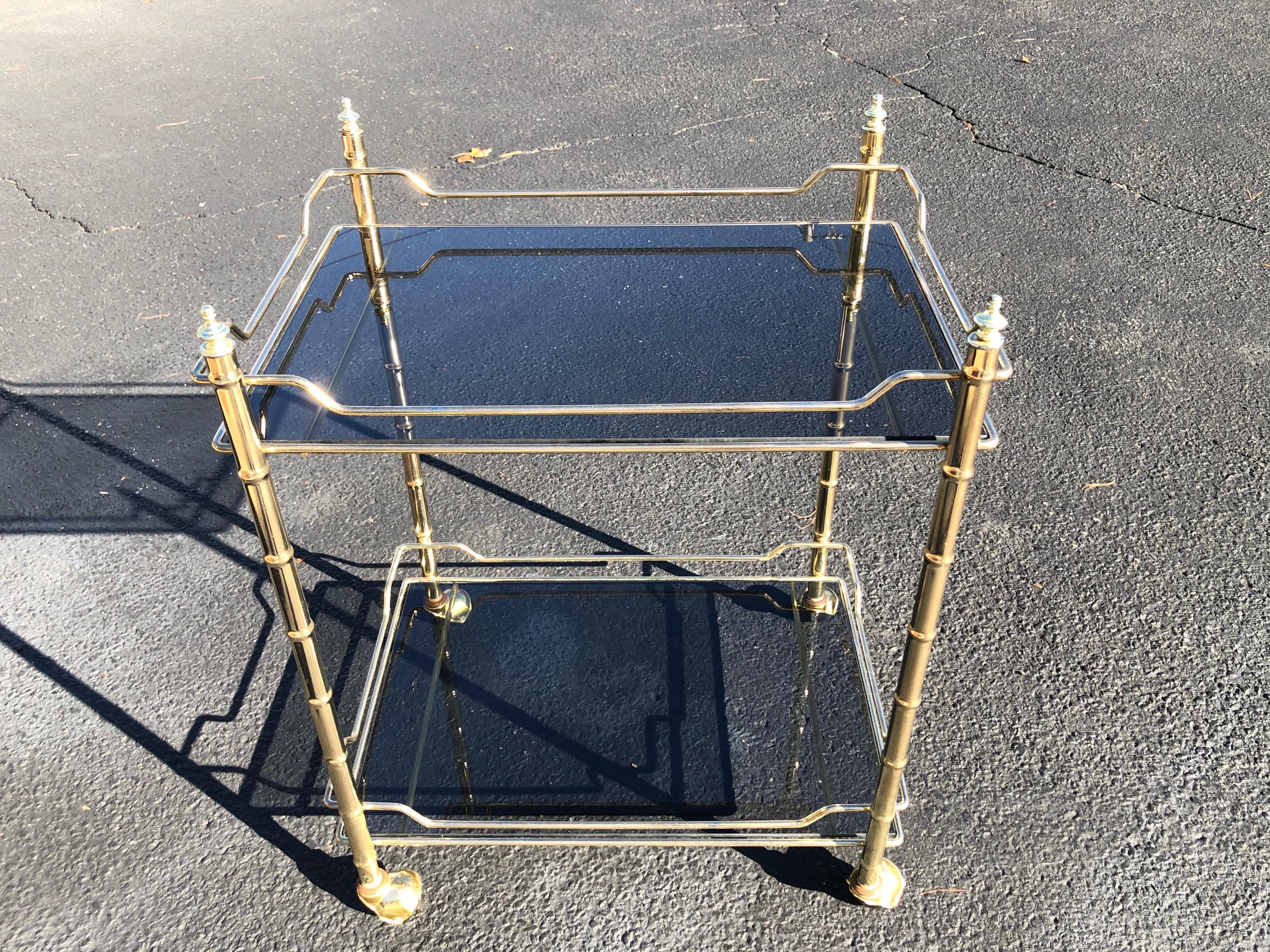 Hollywood Regency Smoked Glass and Brass Bar Cart 4