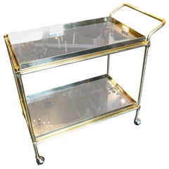 Hollywood Regency Solid Brass and Smoked Glass Italian Bar Cart, circa 1970