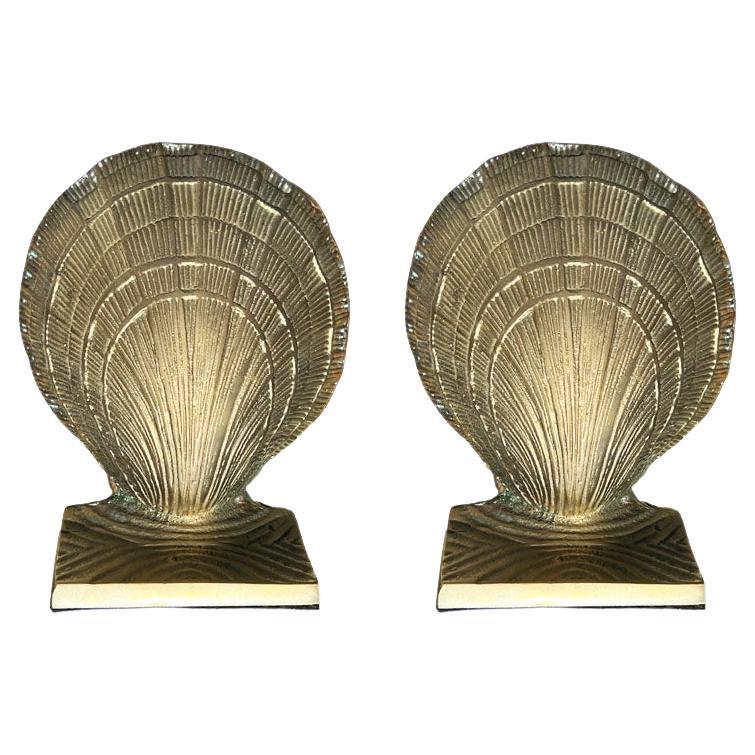 Hollywood Regency Solid Brass Clam Shell Bookends, a Pair India For Sale