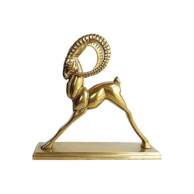 Hollywood Regency Solid Brass Ibex Statue For Sale