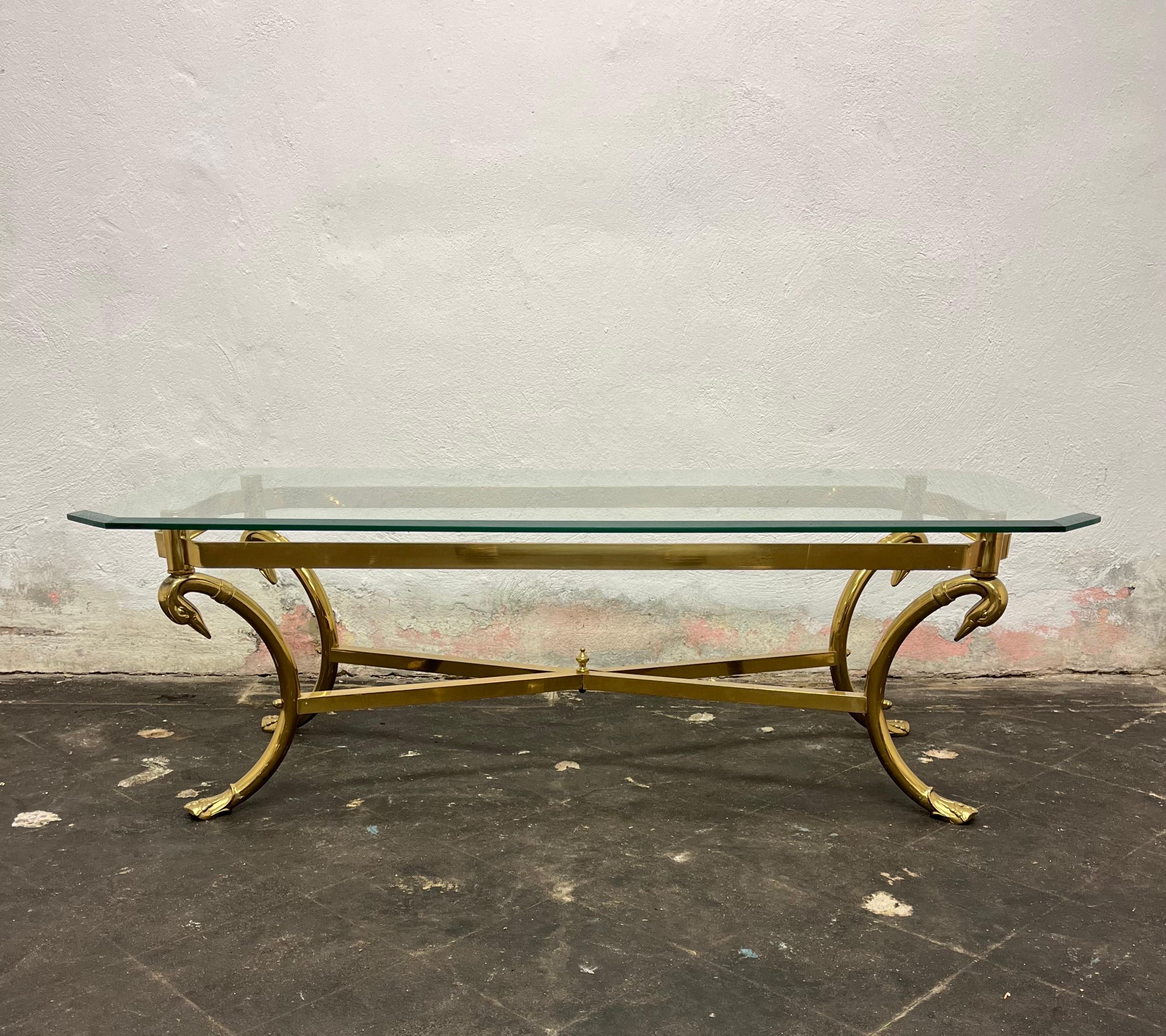 Unknown Hollywood Regency Solid Brass Swan Base Coffee Table