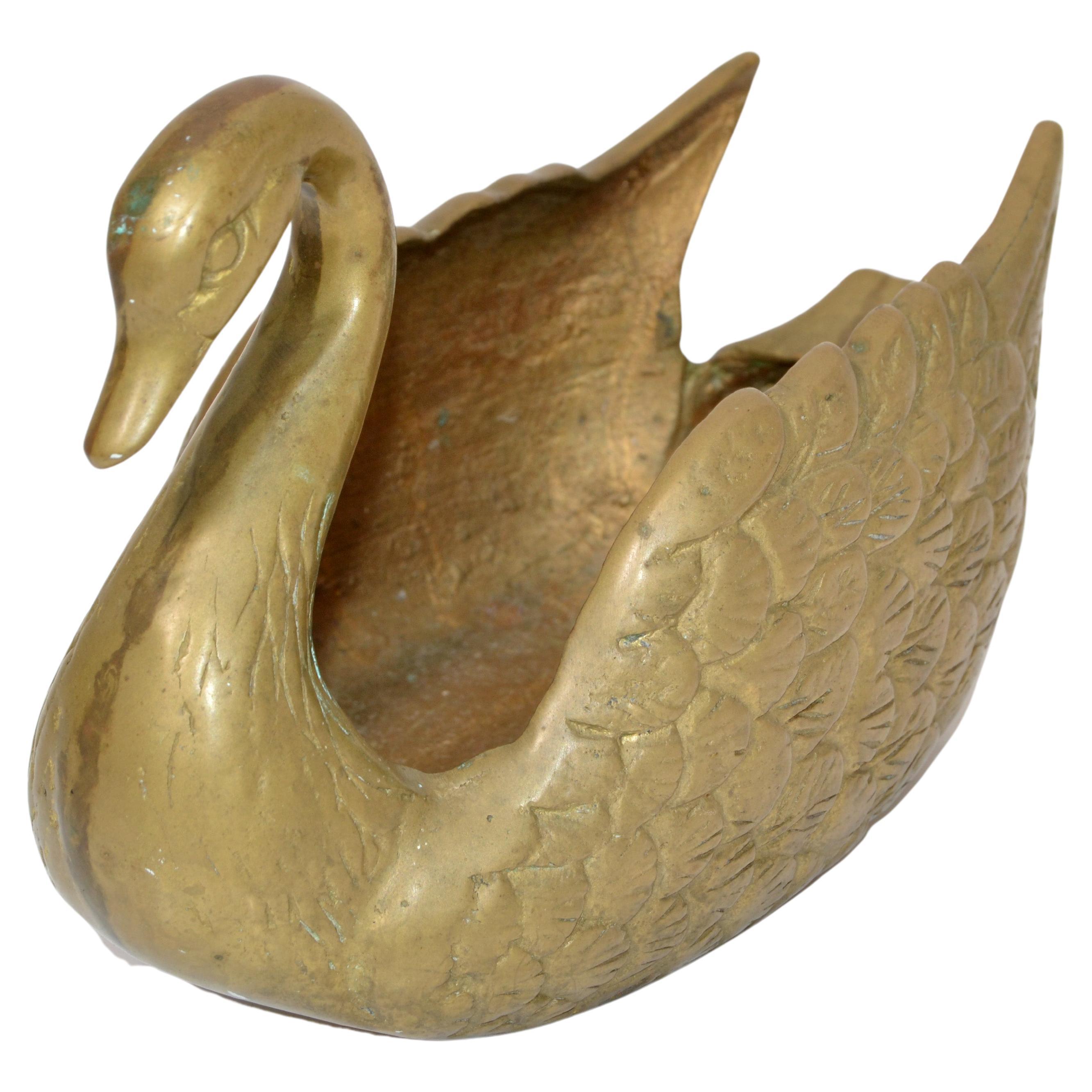Hollywood Regency Solid Cast Bronze Swan Planter Animal Sculpture Centerpiece