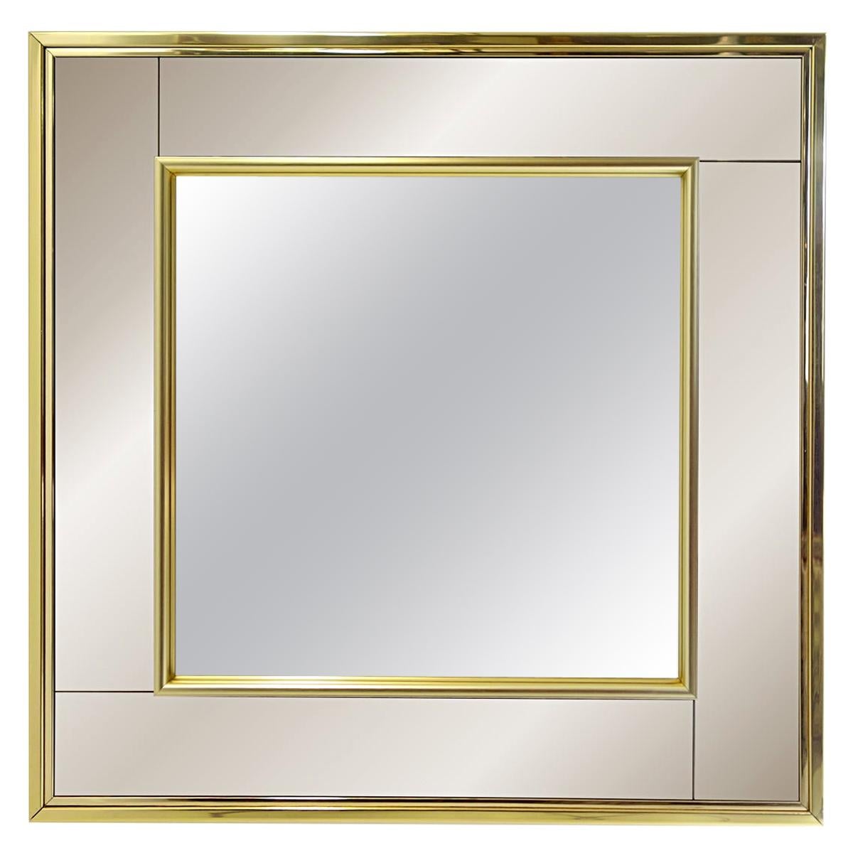 Hollywood Regency Square Two-Toned Mirror in Brass Frame For Sale