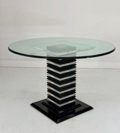 Hollywood Regency Stacked Lucite/Black Pedestal Dining Table, Glass C.1 970s