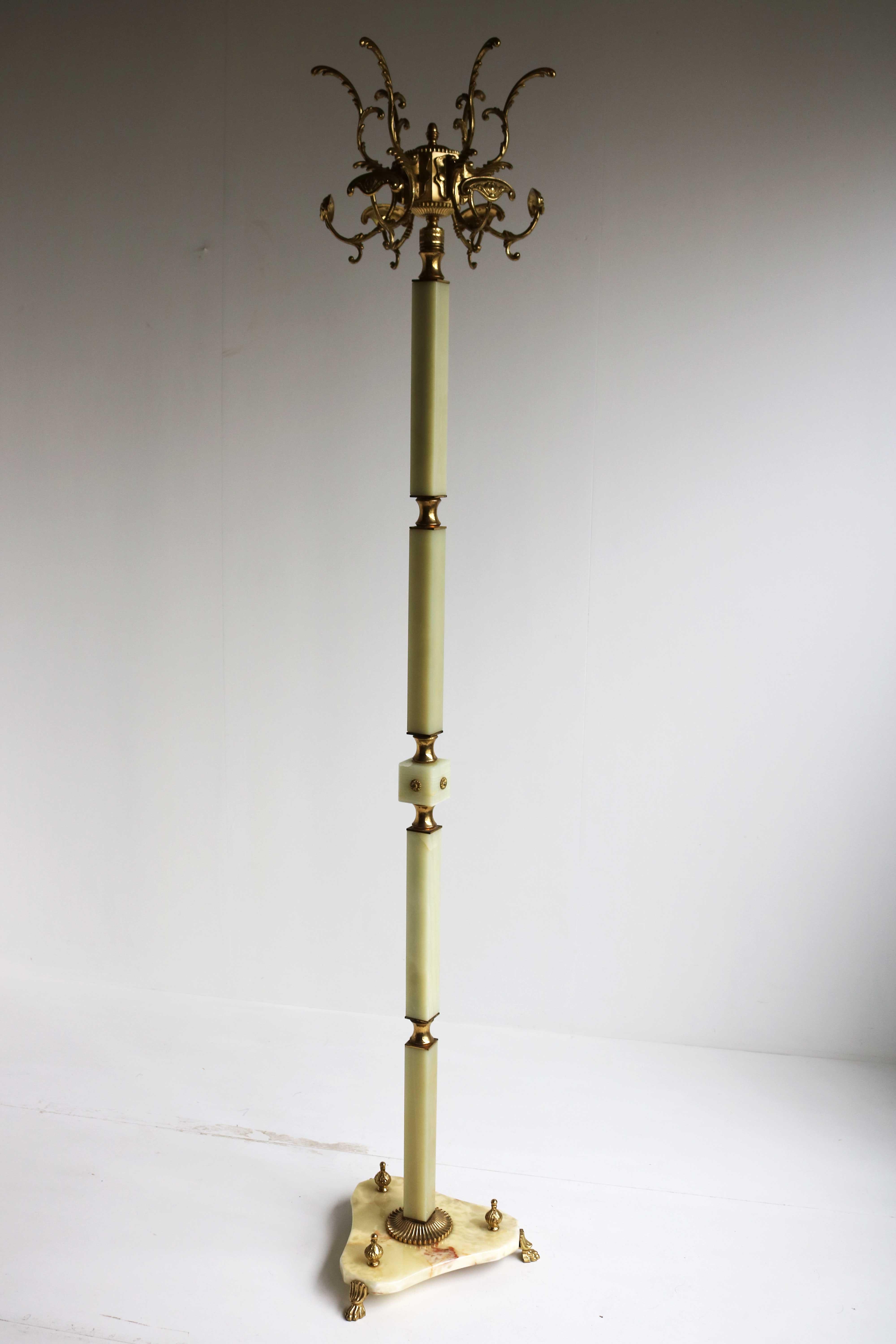 Hollywood Regency Standing Coat Rack Italian Ornate Brass & Onyx Hall Tree 1960s For Sale 5