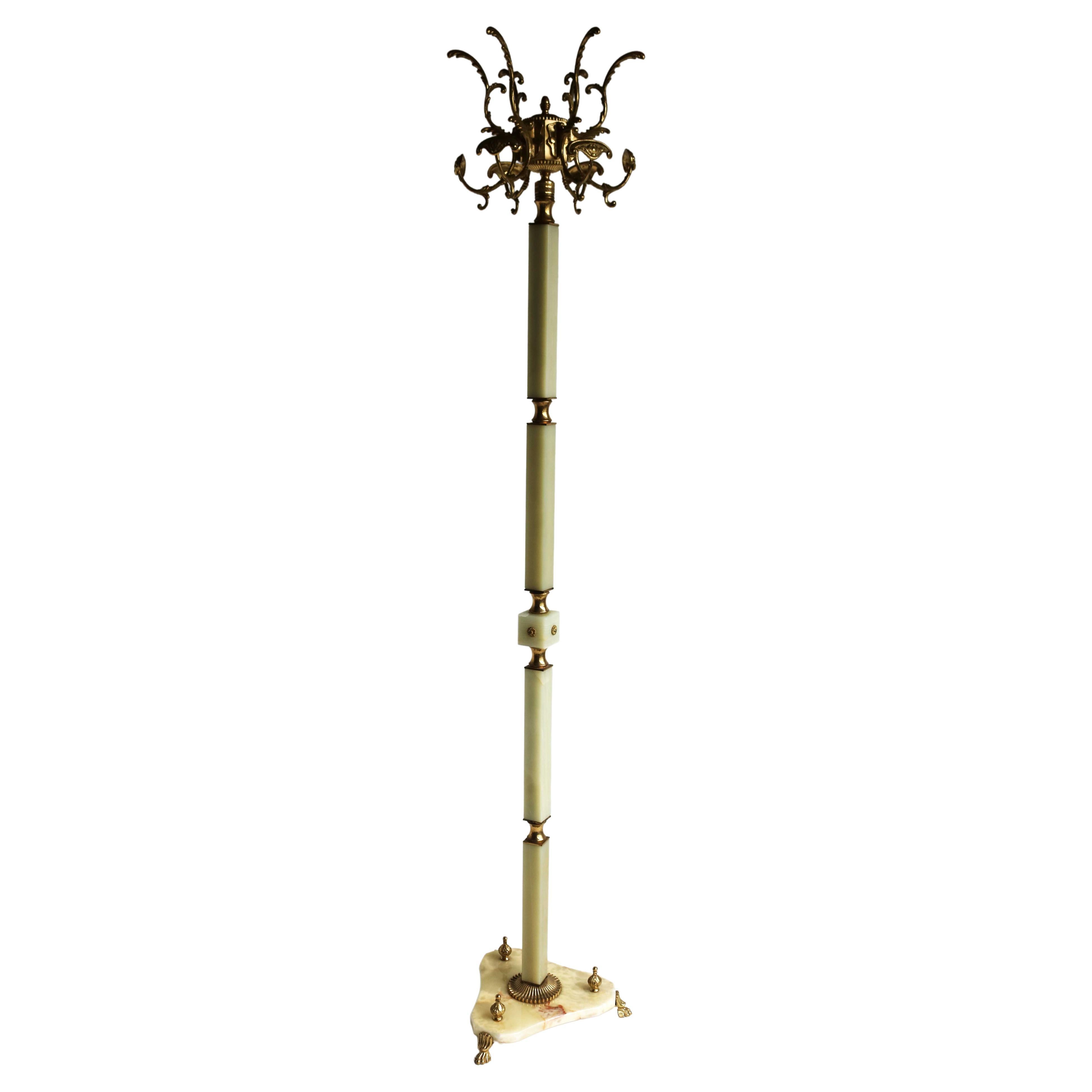 Hollywood Regency Standing Coat Rack Italian Ornate Brass & Onyx Hall Tree 1960s