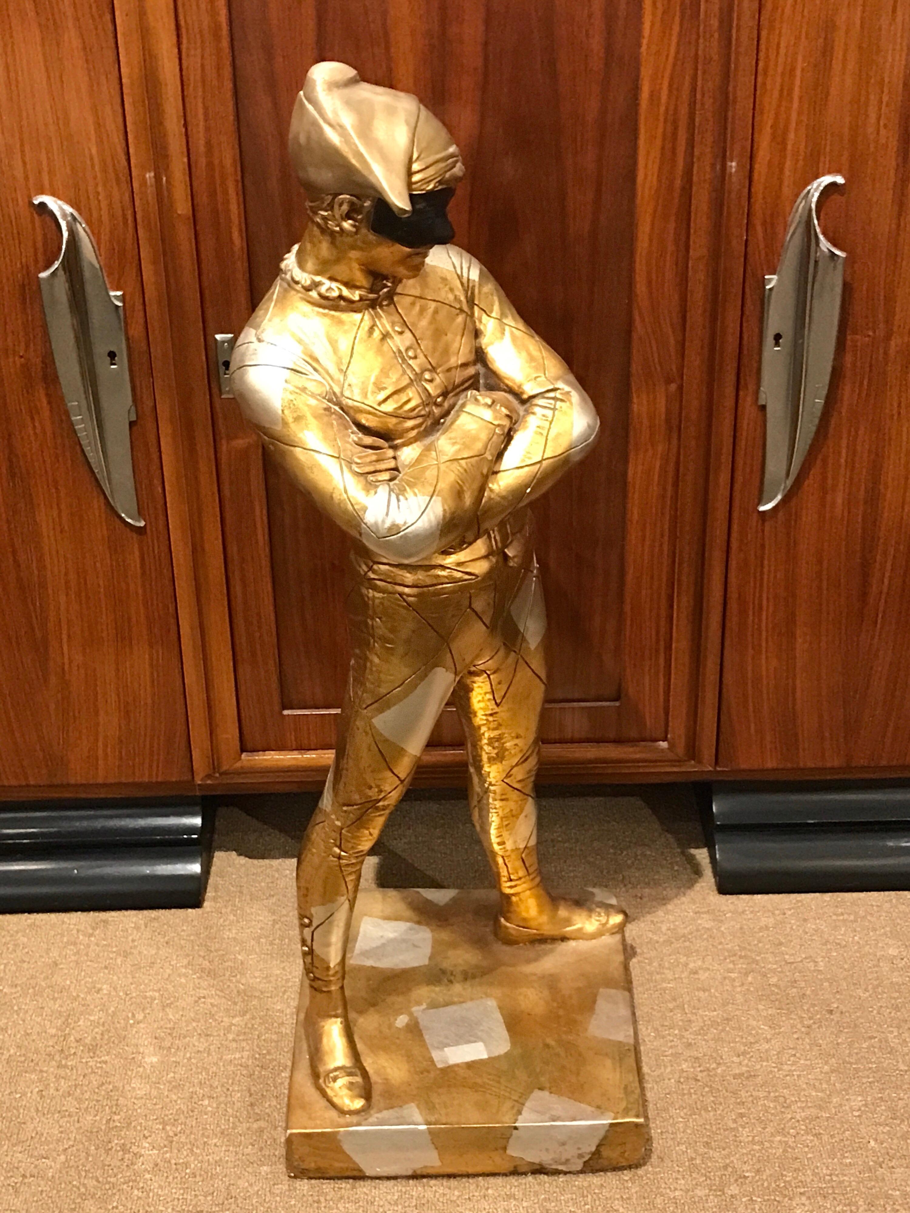 Plaster Hollywood Regency Standing Gold and Silvered Harlequin Sculpture