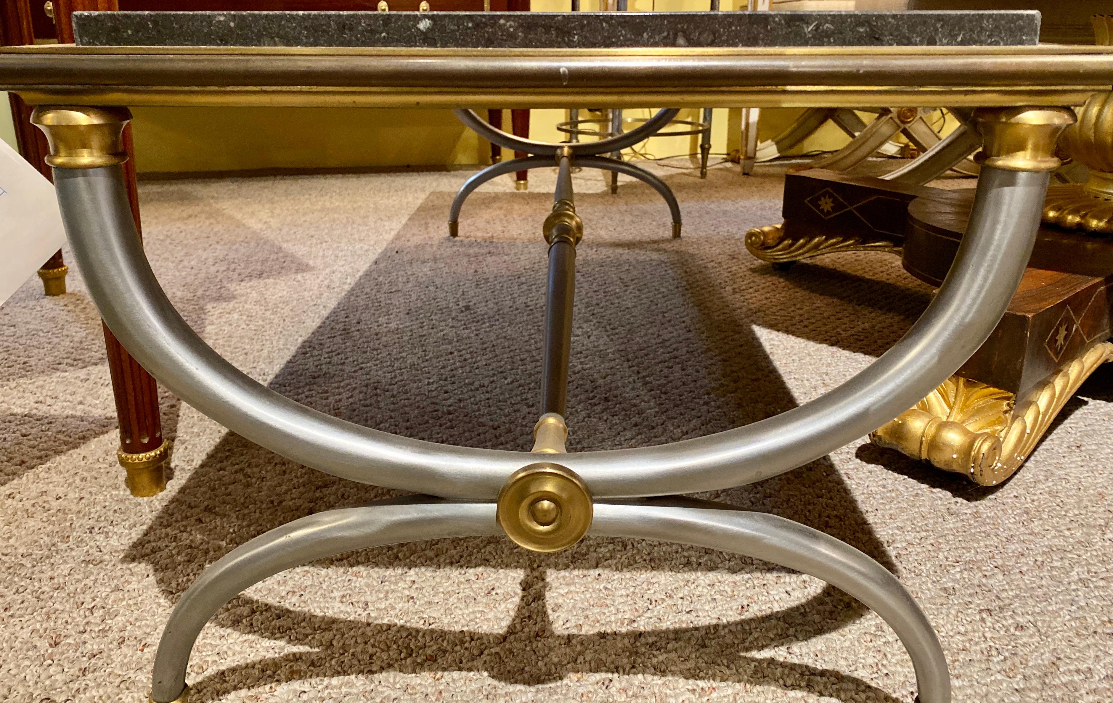 Hollywood Regency Steel and Brass Black Marble-Top Maison Jansen Coffee Table 8