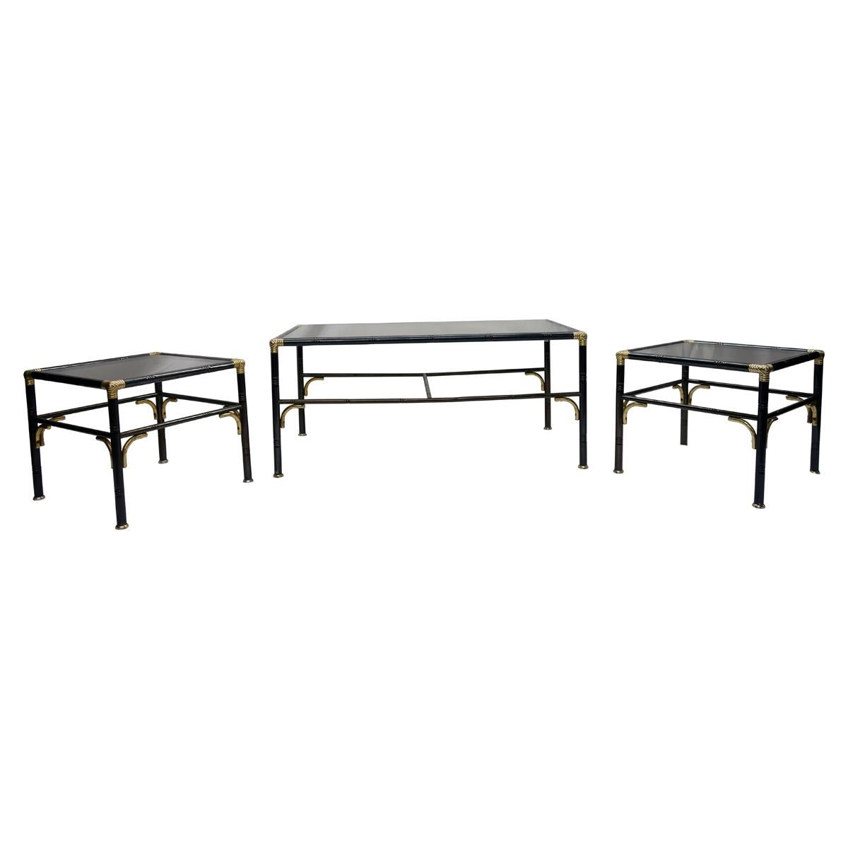 Mid-20th Century Hollywood Regency Steel and Brass Faux Bamboo Coffee Table, Smoked Glass Top For Sale