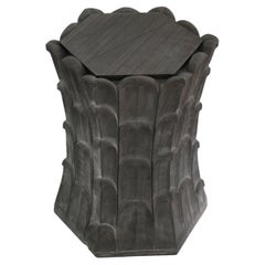 Hollywood Regency Stone Accent Table (Grey Marble), Carved Bamboo Pedestal