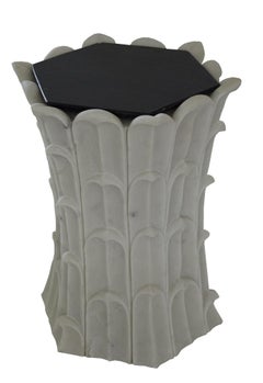 Hollywood Regency Stone Accent Table (White Marble), Carved Bamboo Pedestal