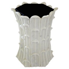 Hollywood Regency Stone Accent Table (White Marble), Carved Bamboo Pedestal
