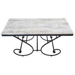 Hollywood Regency Stone Top Table with Sculptural Wrought Iron Scroll Base