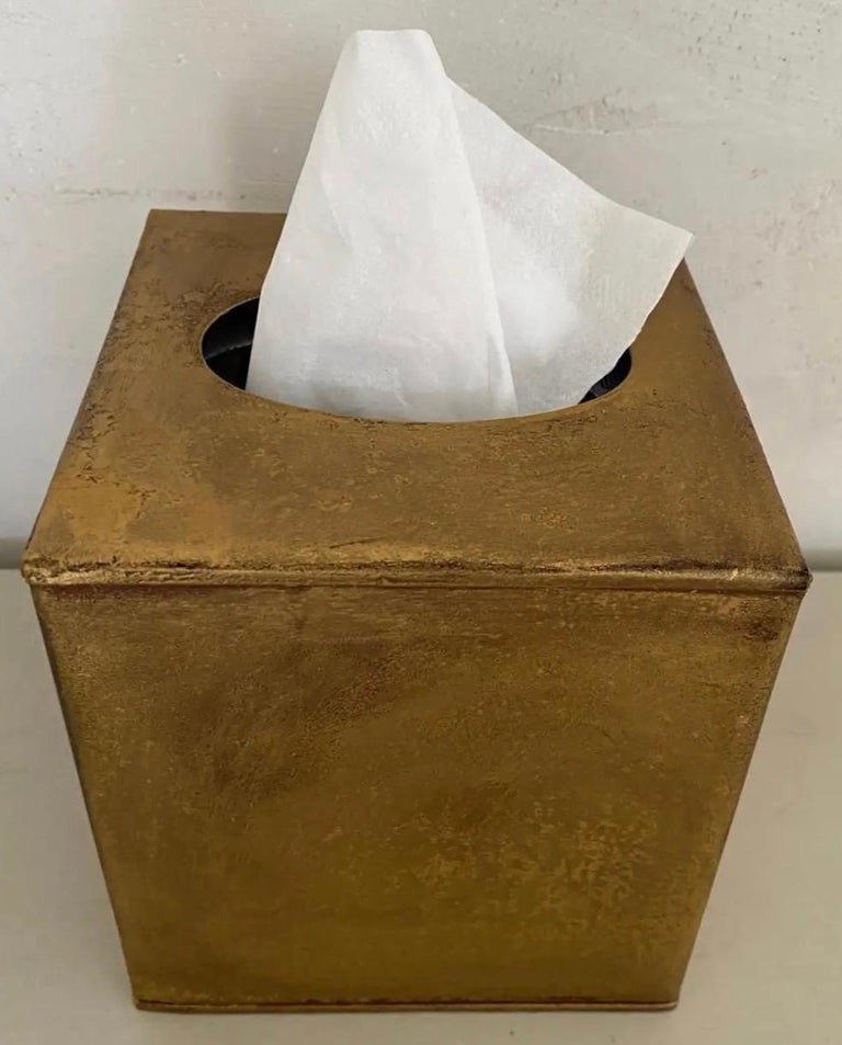 Galvanized Hollywood Regency Style Antiqued Gold Tissue Box For Sale
