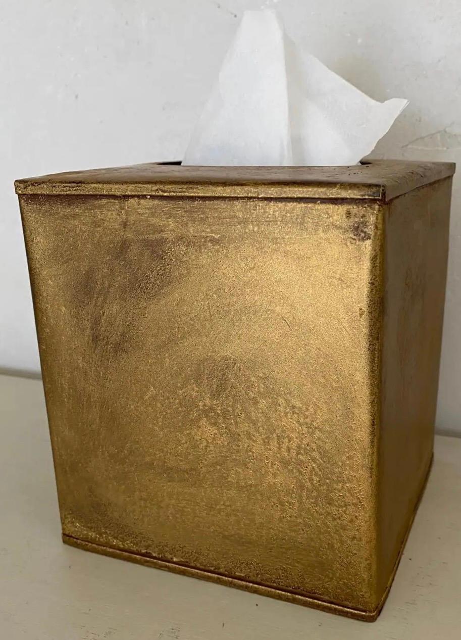 Hollywood Regency Style Antiqued Gold Tissue Box In New Condition In Sheffield, MA