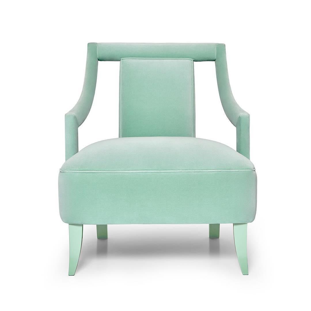 Velvet Hollywood Regency Style Armchair with Slimmed Down Armrests For Sale