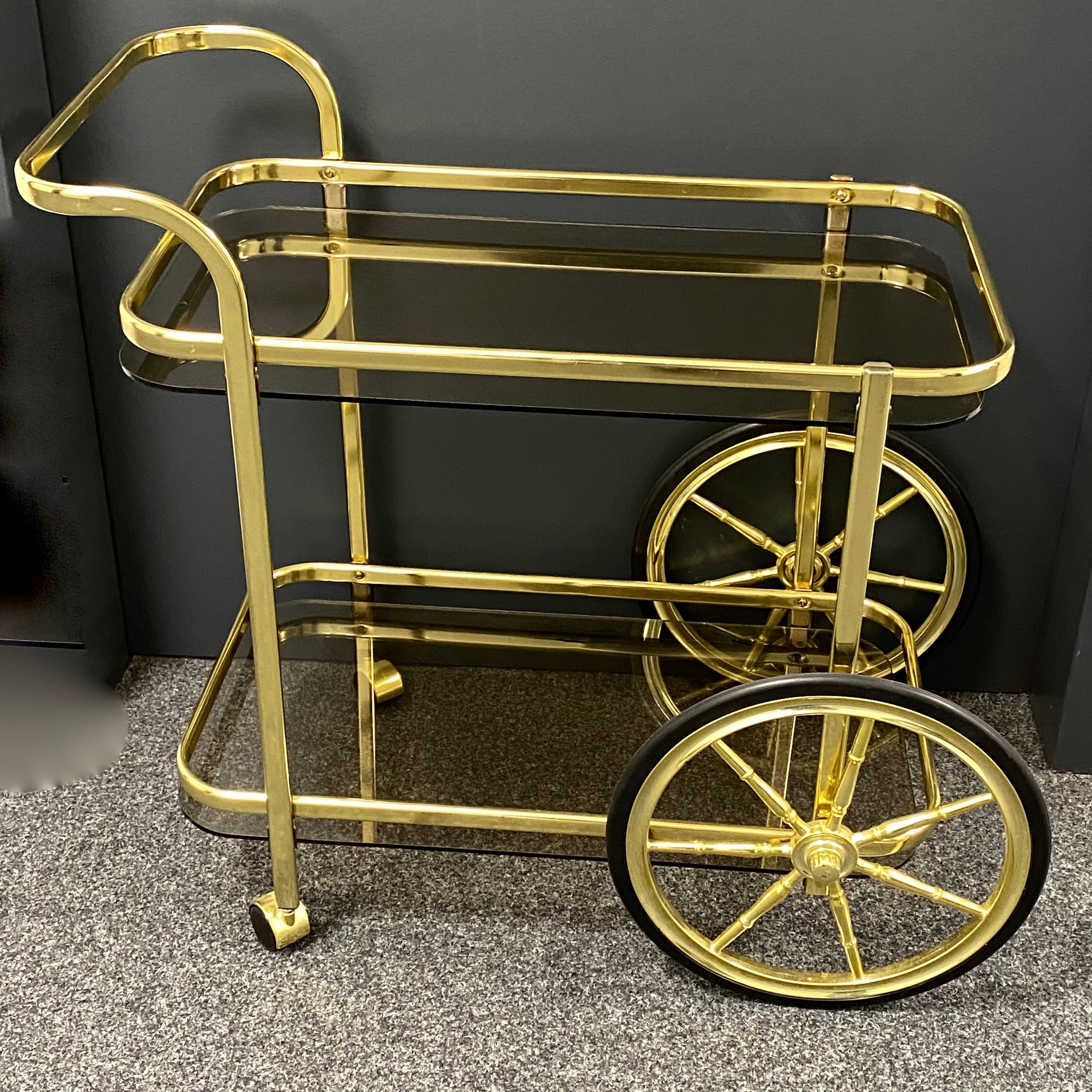 Hollywood Regency Style Bar Cart, Tea Trolley or Drinks Stand in Brass and Glass 1