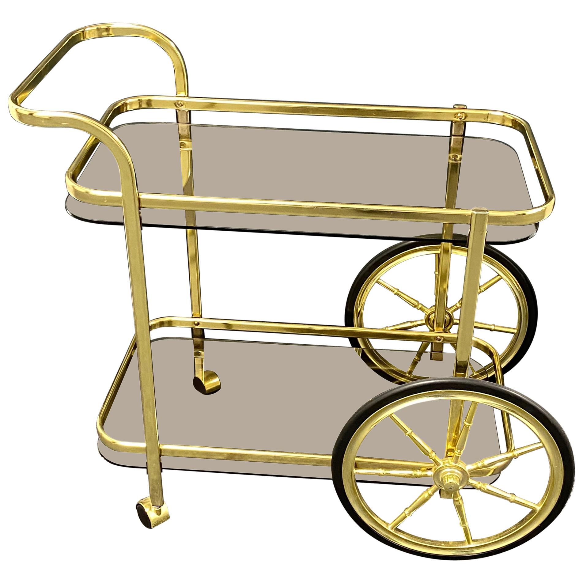 Hollywood Regency Style Bar Cart, Tea Trolley or Drinks Stand in Brass and Glass