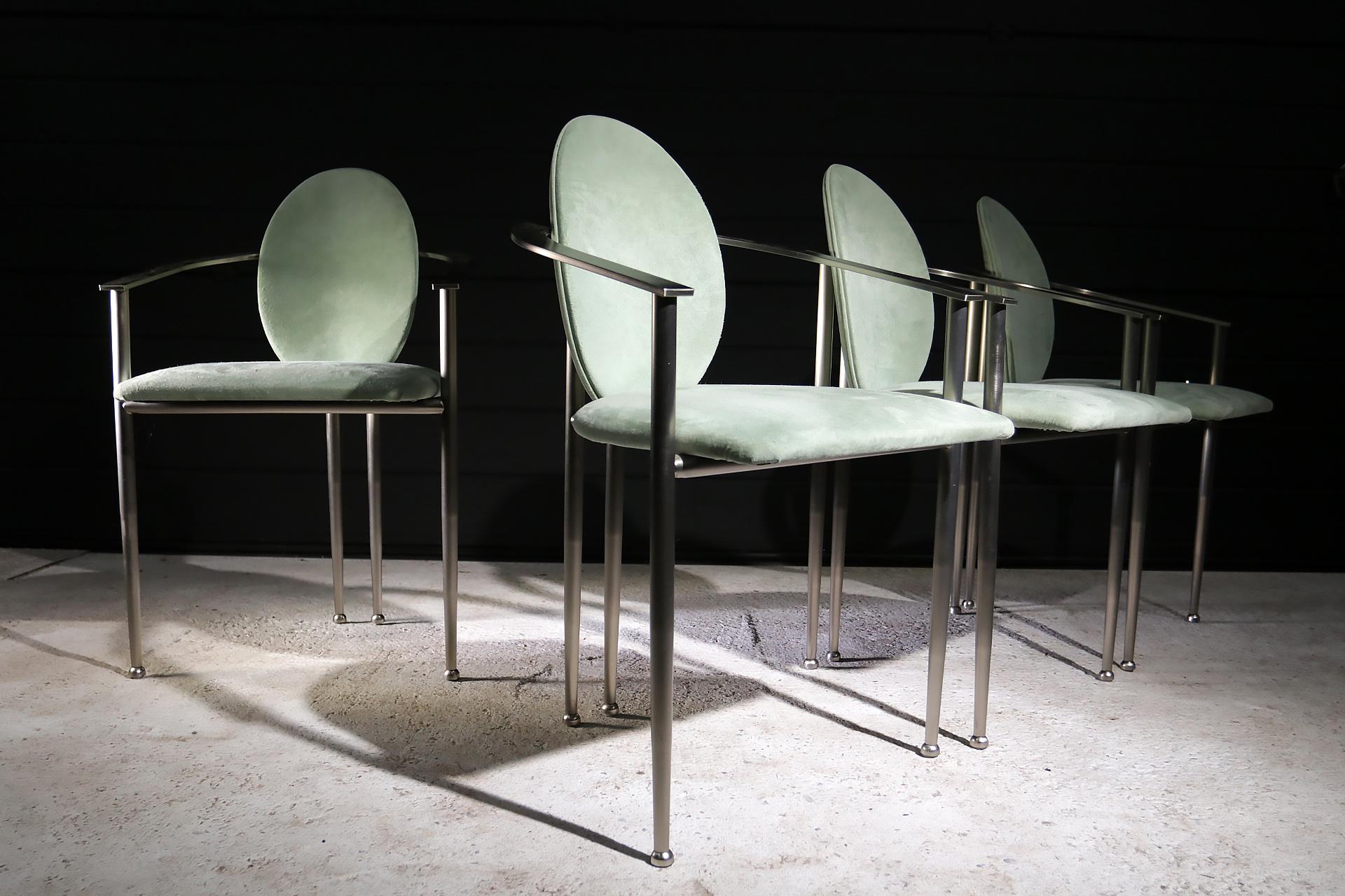 Brushed 4 Hollywood Regency Style Belgo Chrom Chairs Mint Green, 1980