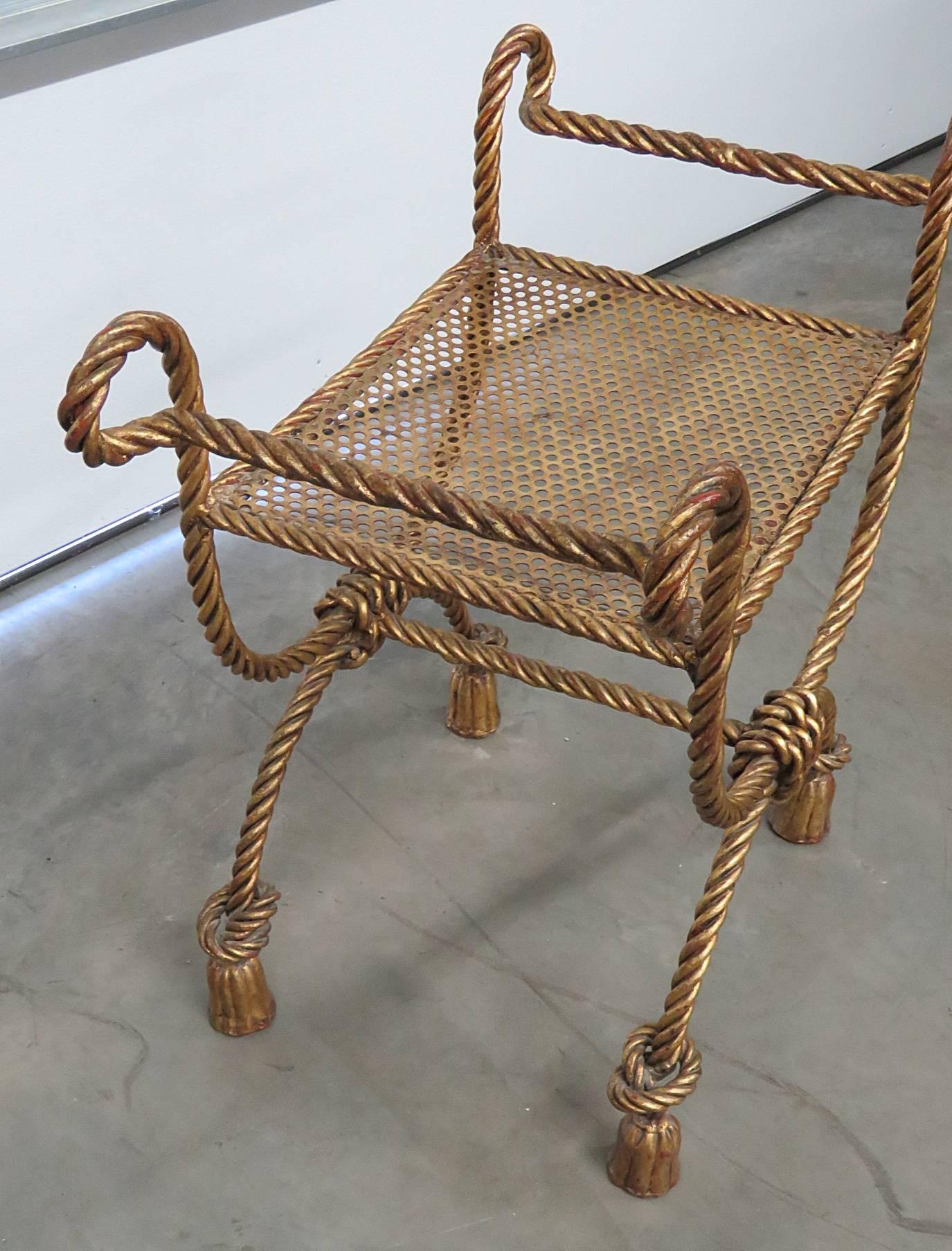 American Hollywood Regency Style Italian Gilded Rope Tassel Bench