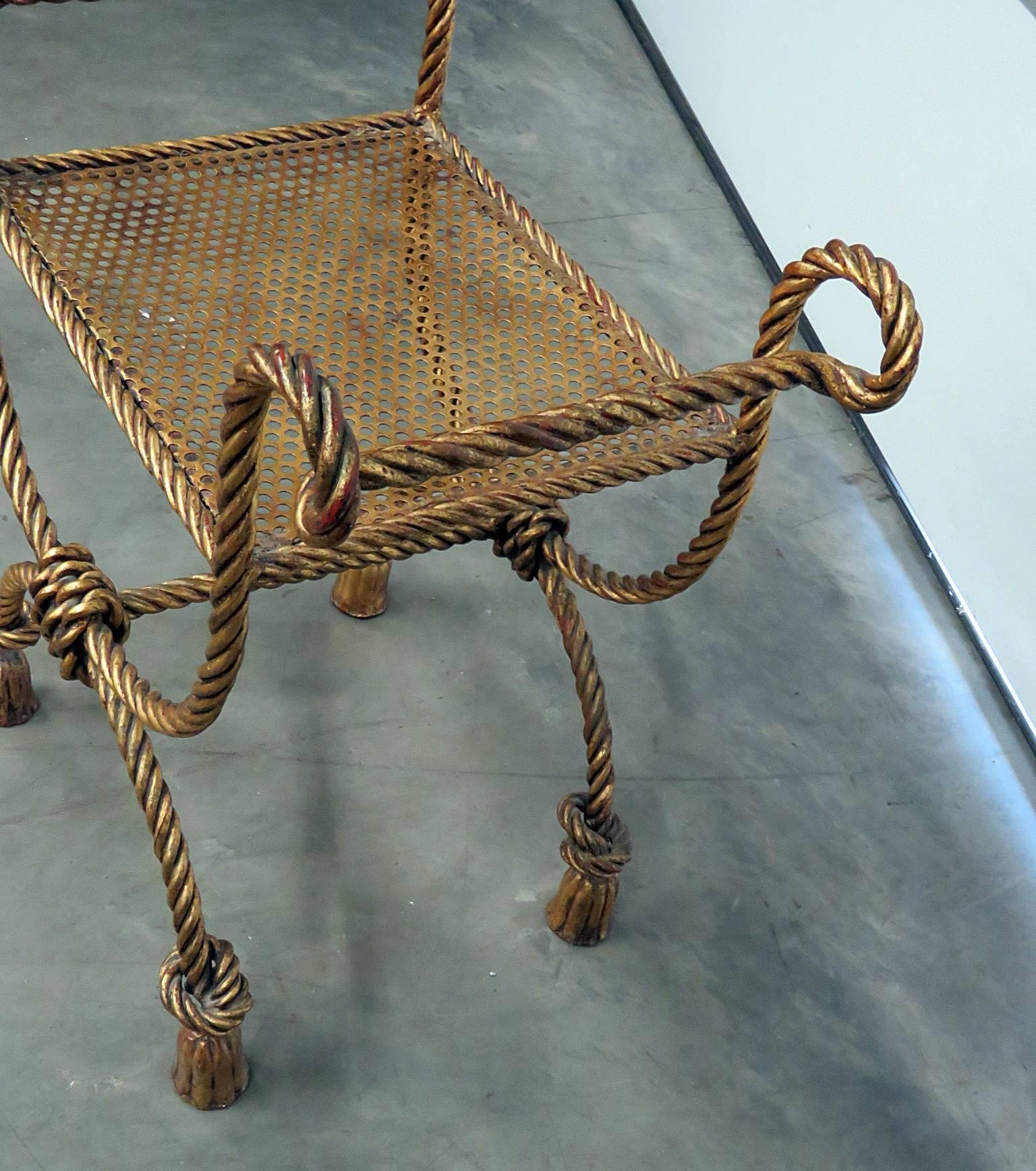 Metal Hollywood Regency Style Italian Gilded Rope Tassel Bench