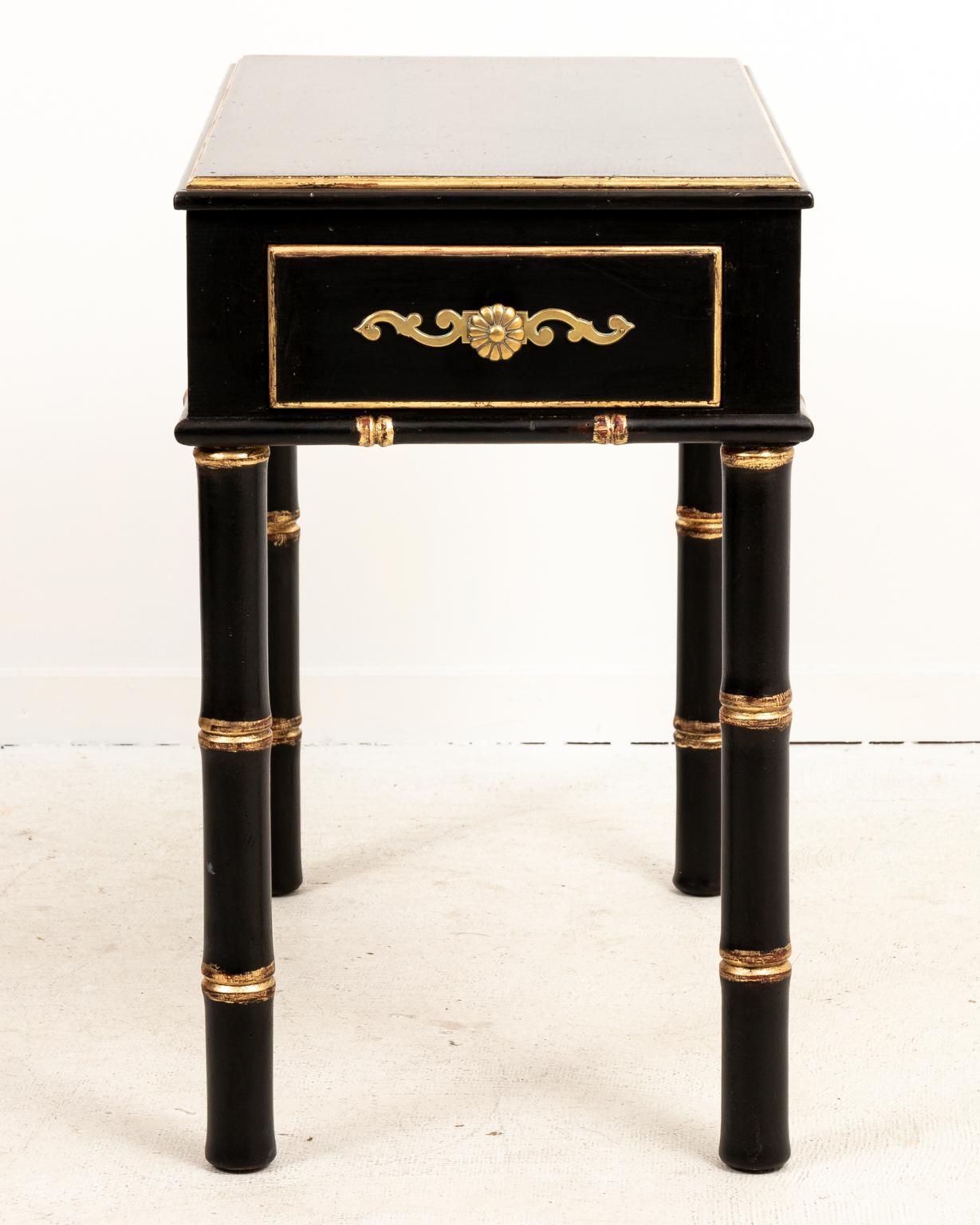 American Hollywood Regency Style Black and Gold Faux Bamboo Side Table