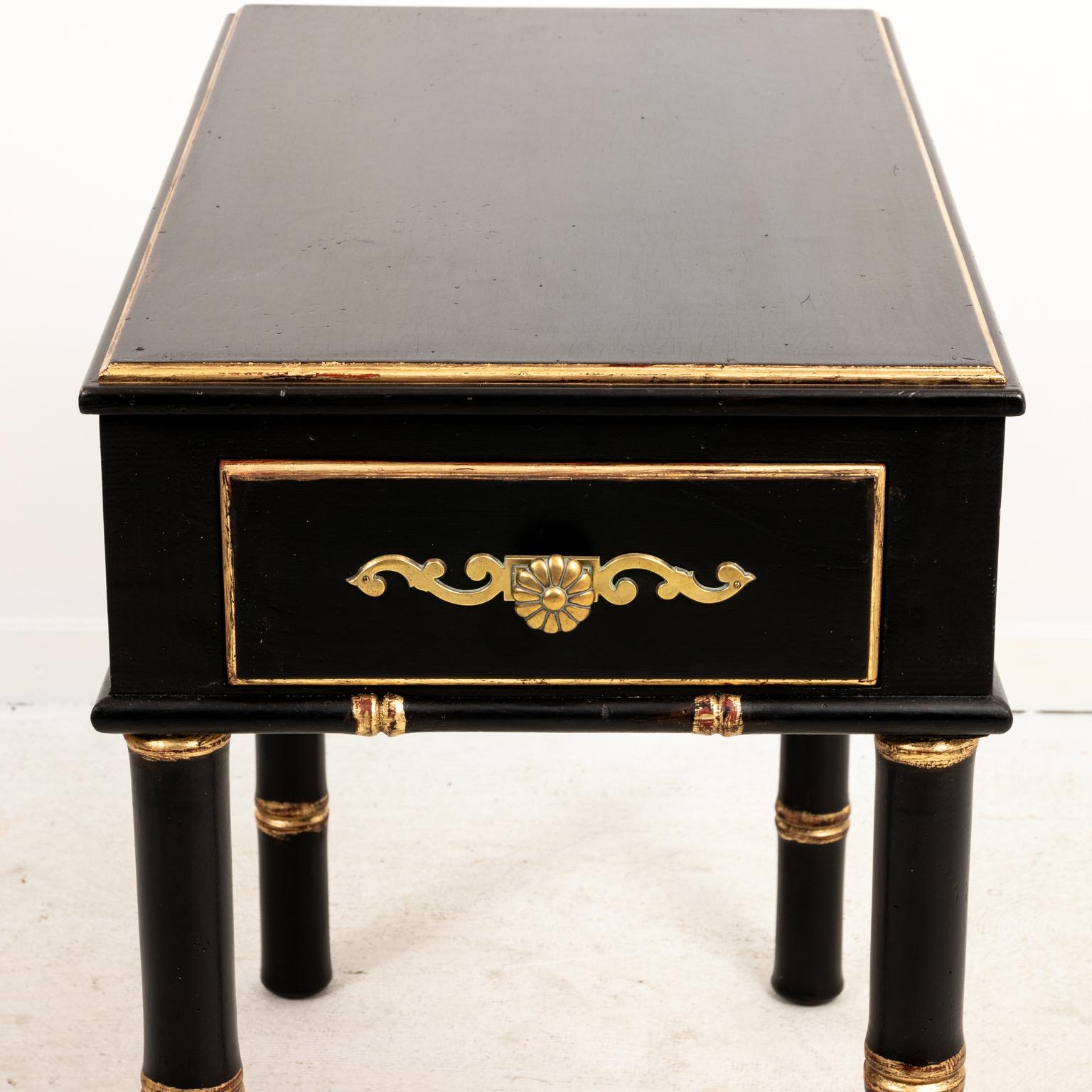 Painted Hollywood Regency Style Black and Gold Faux Bamboo Side Table