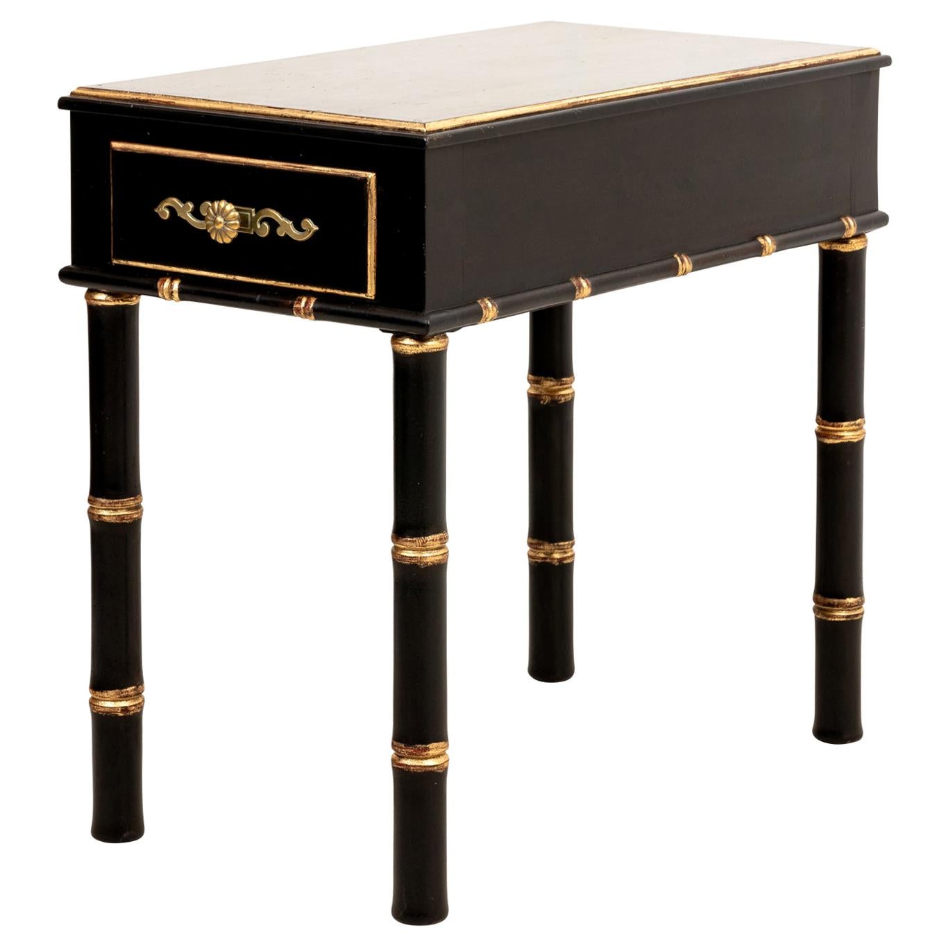 Hollywood Regency Style Black and Gold Faux Bamboo Side Table