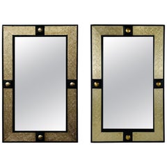 Hollywood Regency Style Black & Brass Filigree Design Mirror, a Pair
