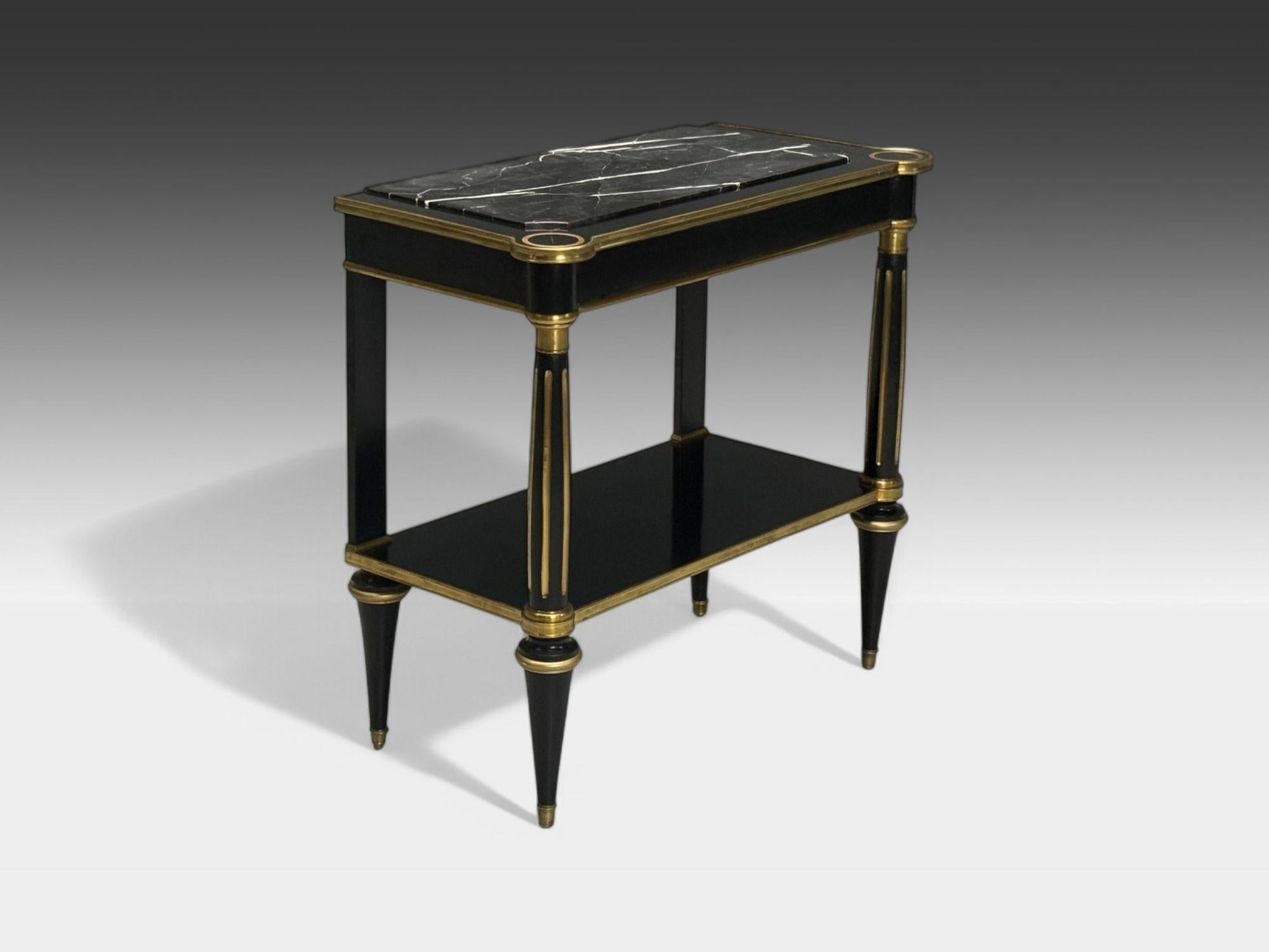 Hollywood Regency Style, Black Lacquer, Marble, Console Table, USA, 1960s

A custom made Maison Jansen inspired free-standing console table designed and produced in the second half of the 20th century. This example featured a black lacquer finish