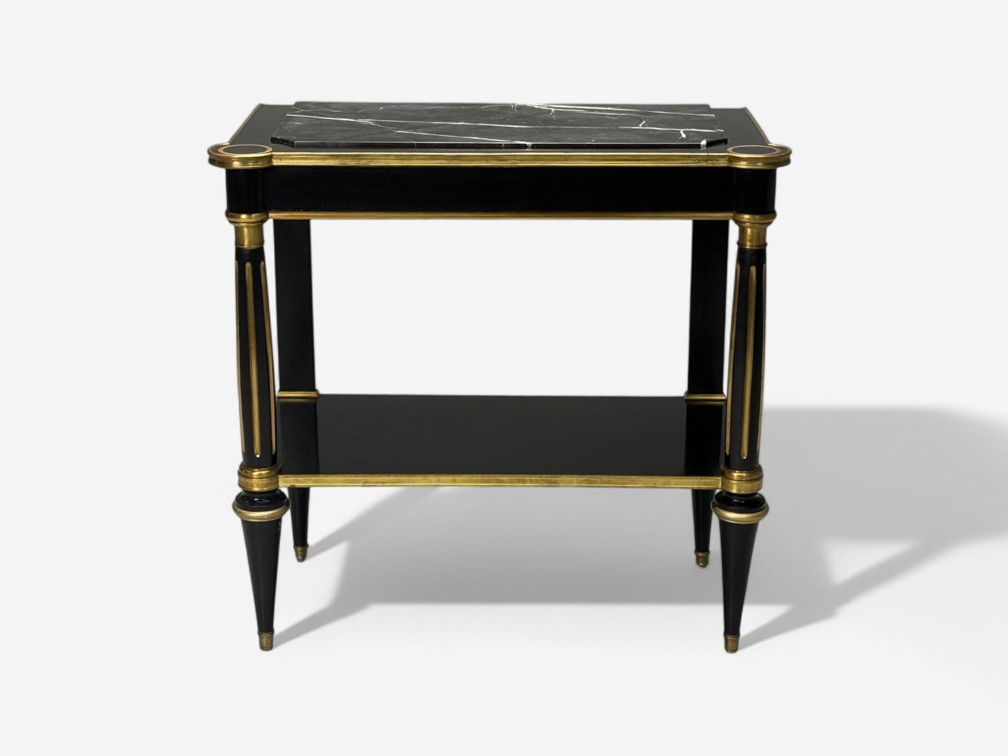 American Hollywood Regency Style, Black Lacquer, Marble, Console Table, USA, 1960s For Sale