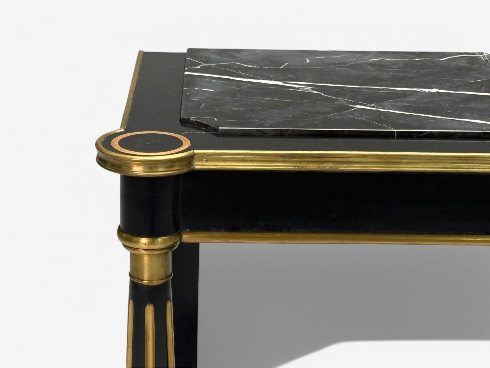 Mid-20th Century Hollywood Regency Style, Black Lacquer, Marble, Console Table, USA, 1960s For Sale