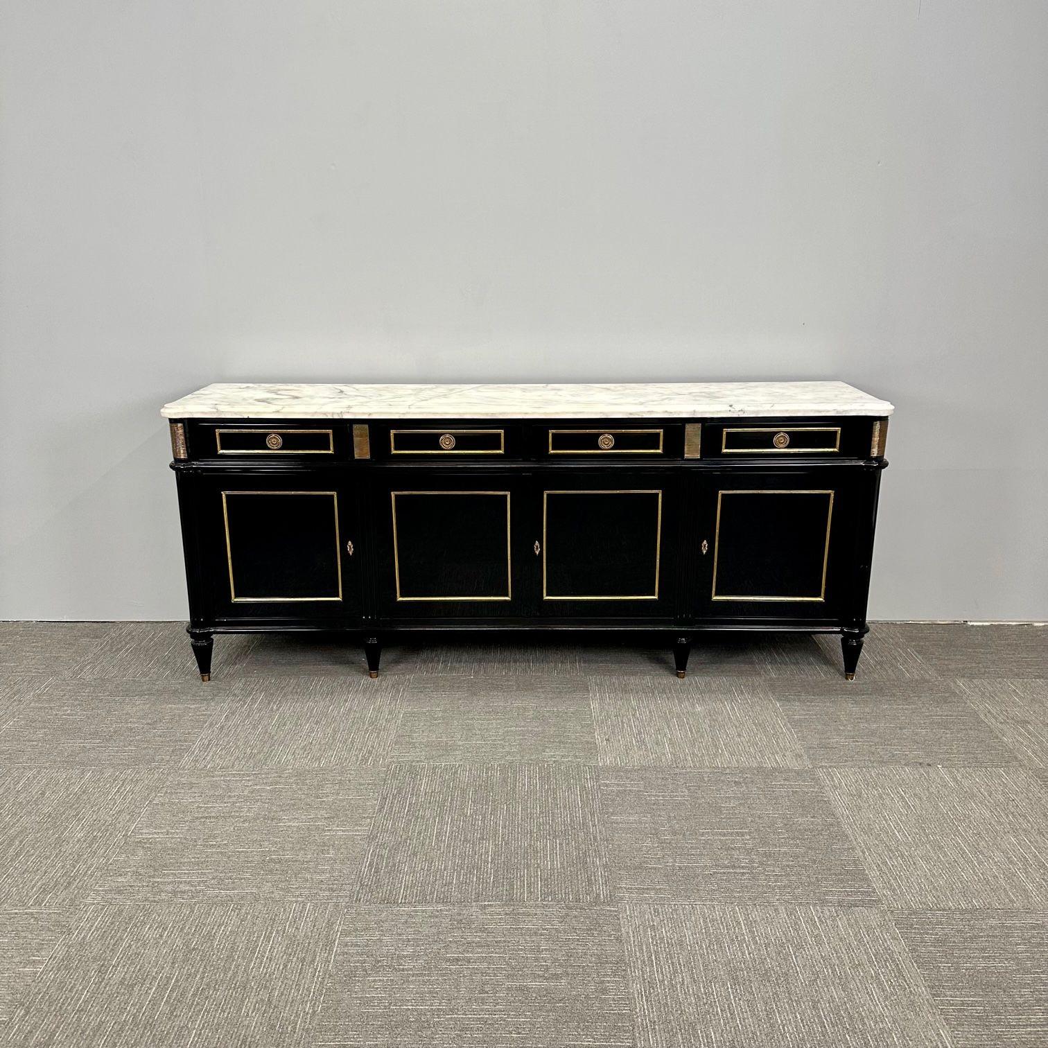 Hollywood Regency Style Black Lacquer Sideboard / Credenza , Maison Jansen Style, Bronze, Marble
A simply stunning palatial sideboard or credenza in the fashion of Maison Jansen. This newly ebonized bronze mounted sideboard having a bronze box