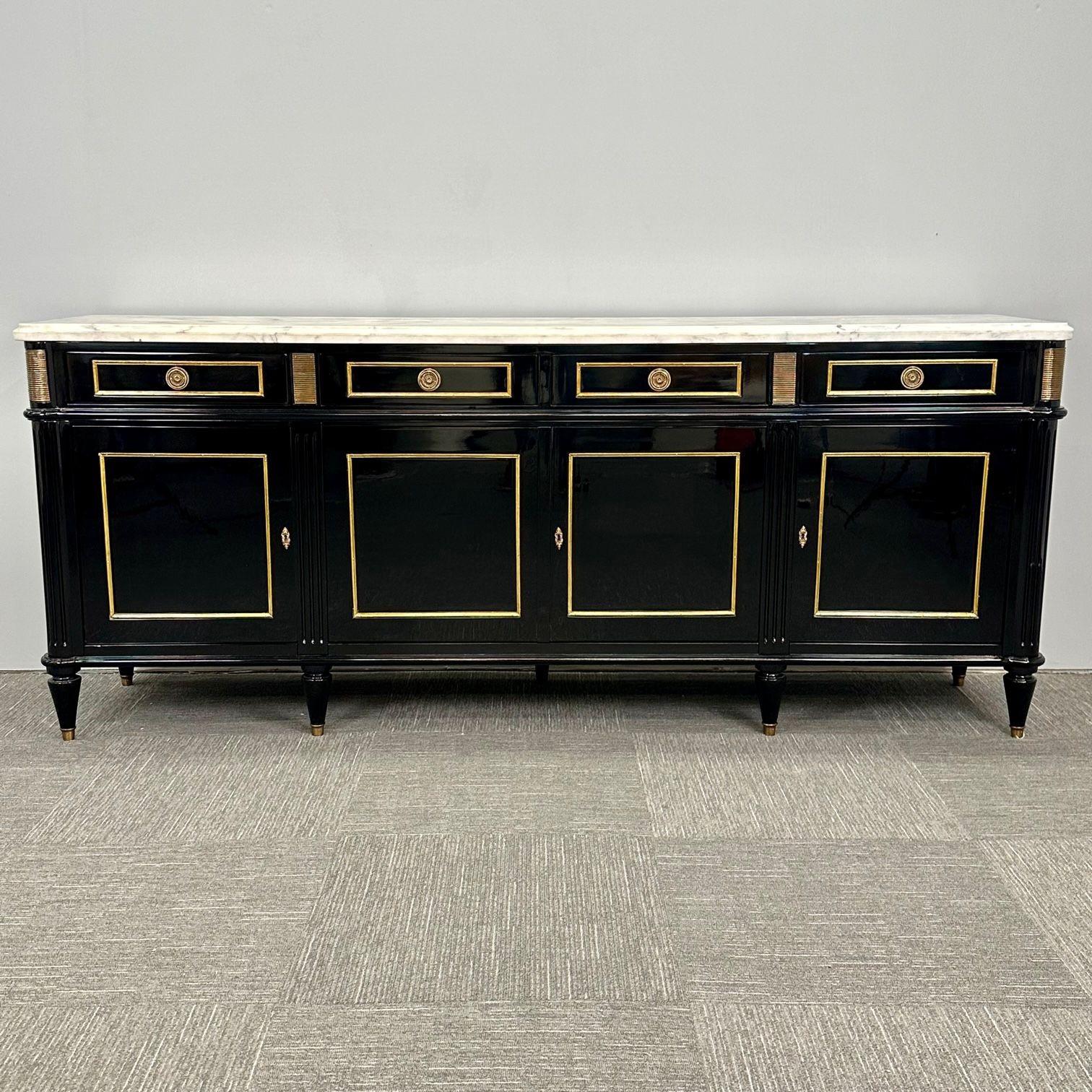 European Hollywood Regency Style Black Lacquer Sideboard, Credenza , Maison Jansen Style For Sale