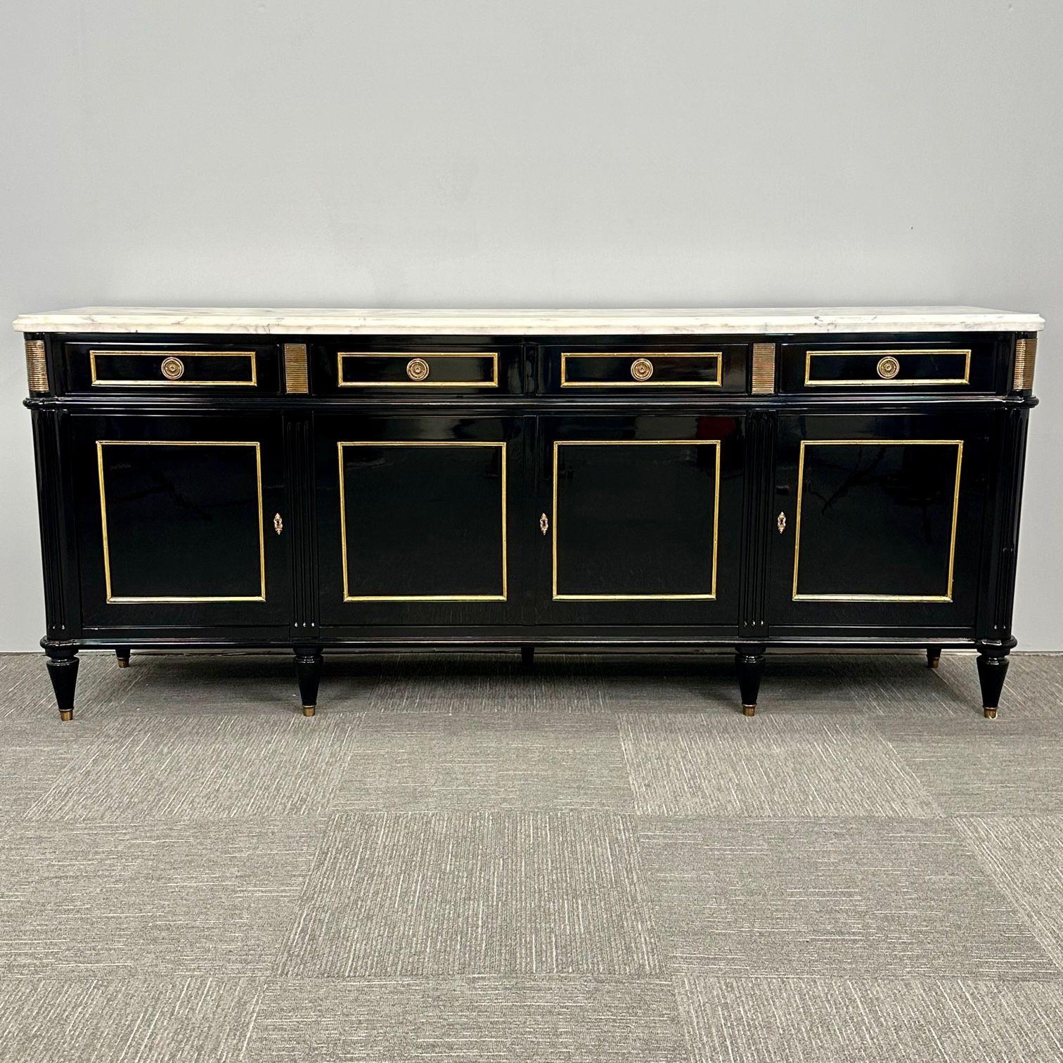 Europeo Credenza, credenza in lacca nera in stile Hollywood Regency, stile Maison Jansen in vendita