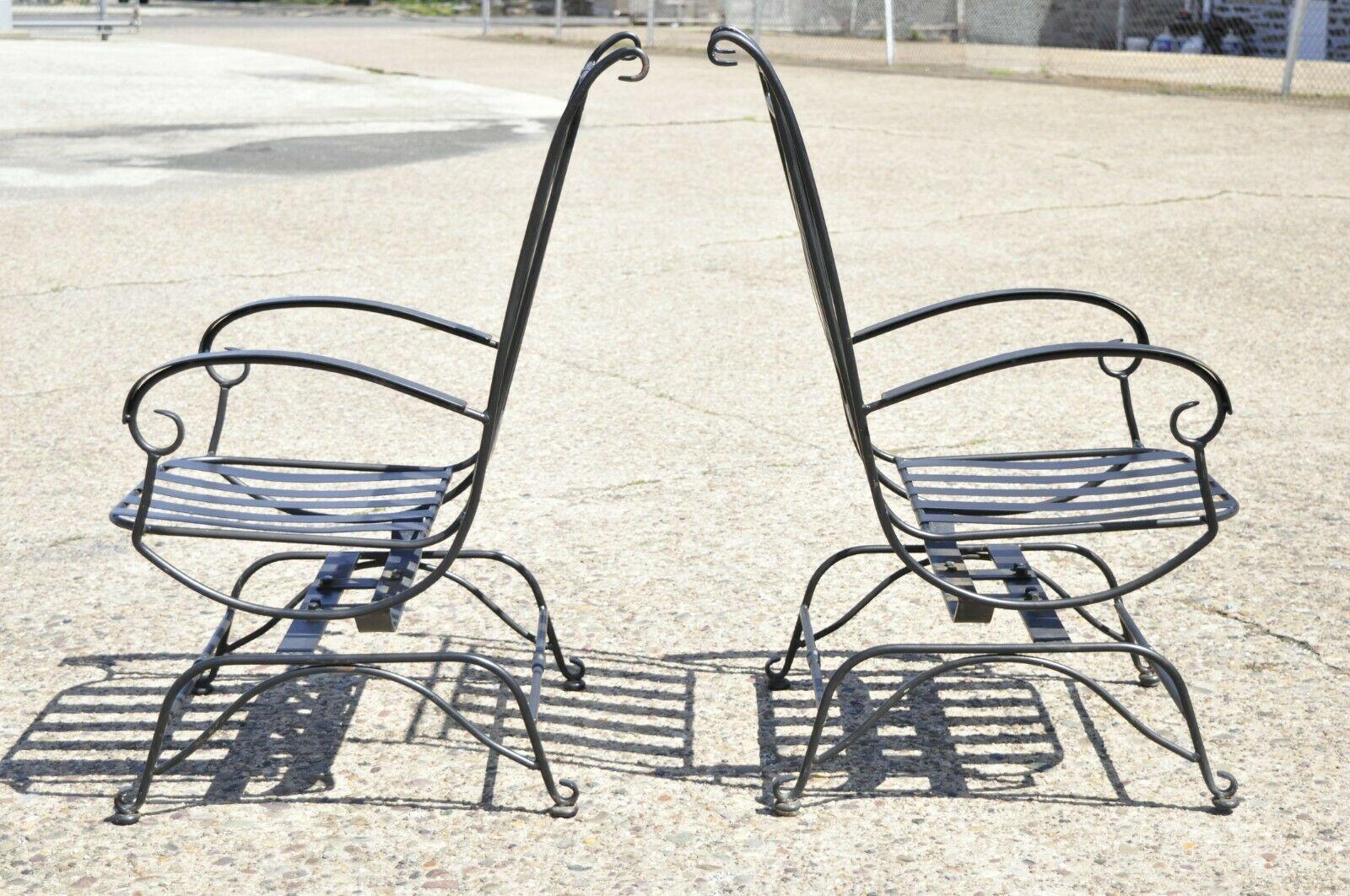 Hollywood Regency Style Black Wrought Iron Spring Patio Garden Chairs - a Pair 6
